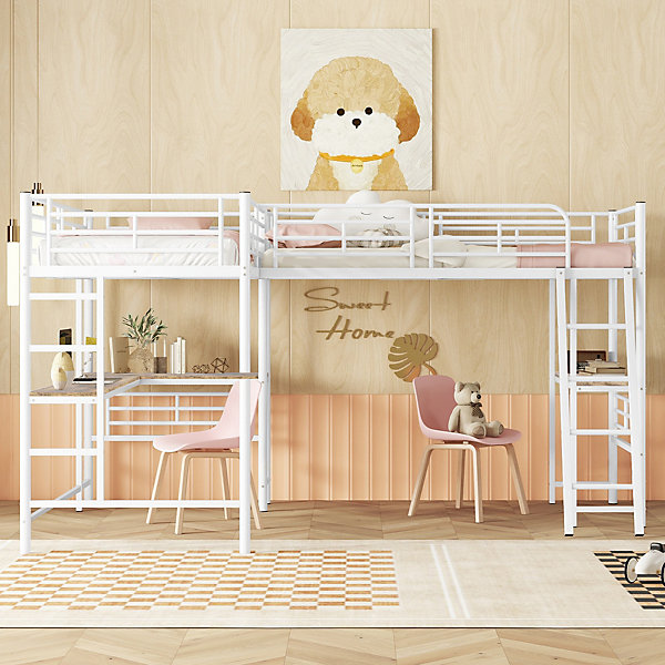 Lit superposé 90x200 cm avec bureau intégré et échelle double, structure métal et MDF, blanc