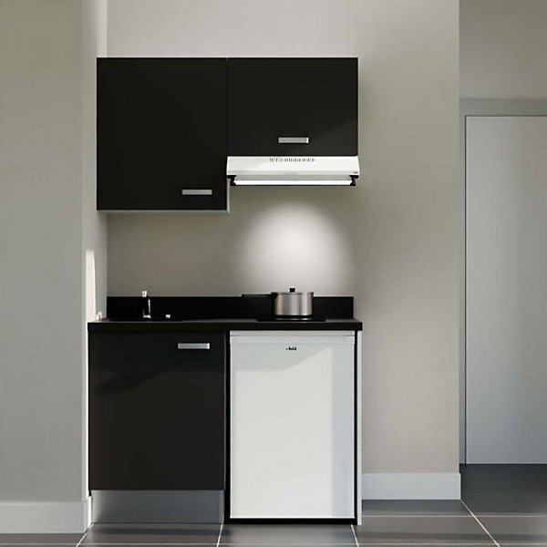 Kitchenette K01 - 120 cm - façades Noir - Plan monobloc en quartz coloris Nero évier à gauche - Electroménager Blanc