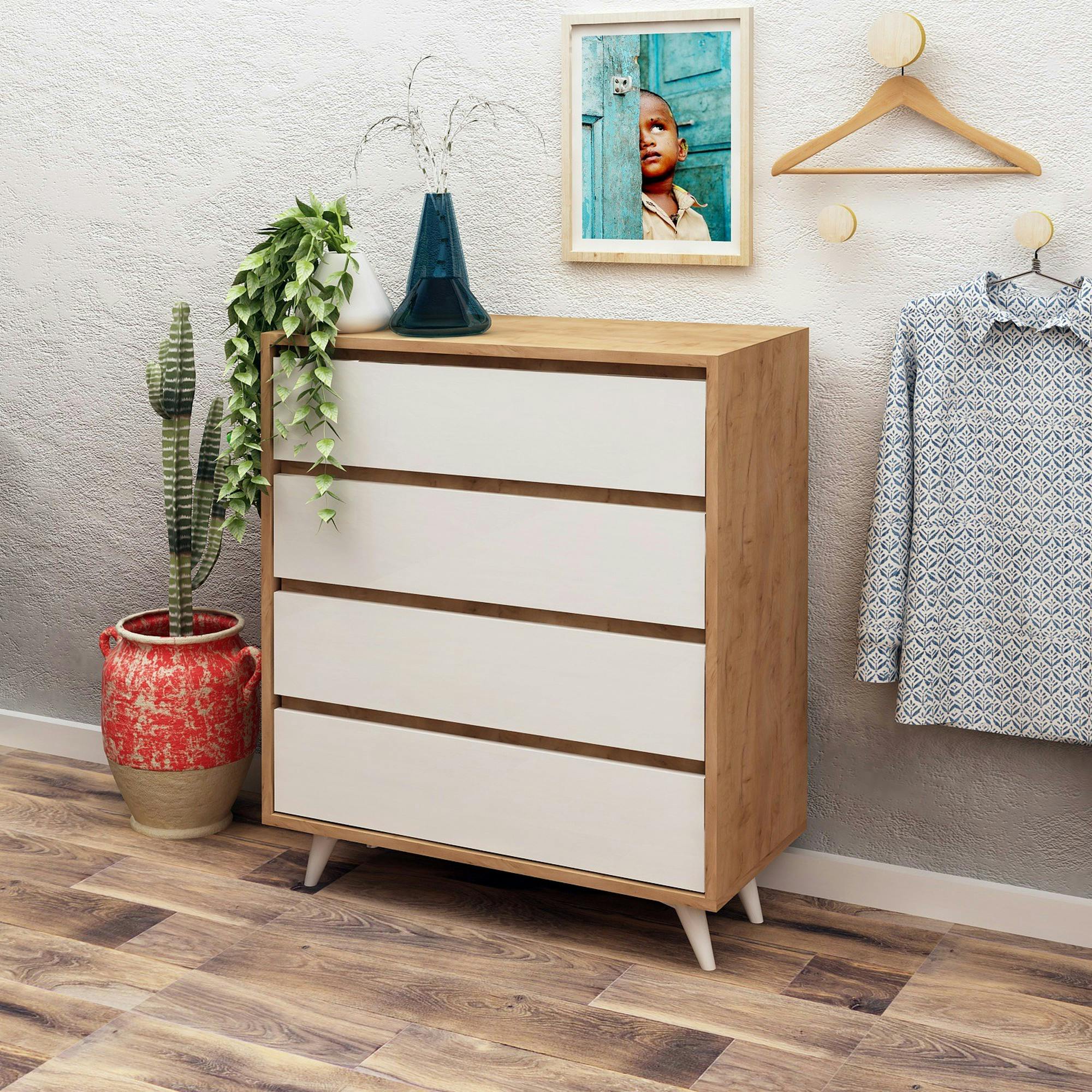 Commode moderne effet chêne 4 tiroirs blancs BYRON