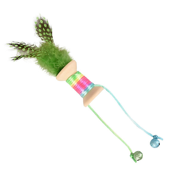 Jouet 1 bobine en bois avec plume, grelot 18 par 3 cm. jouet pour chat. couleur aléatoire.