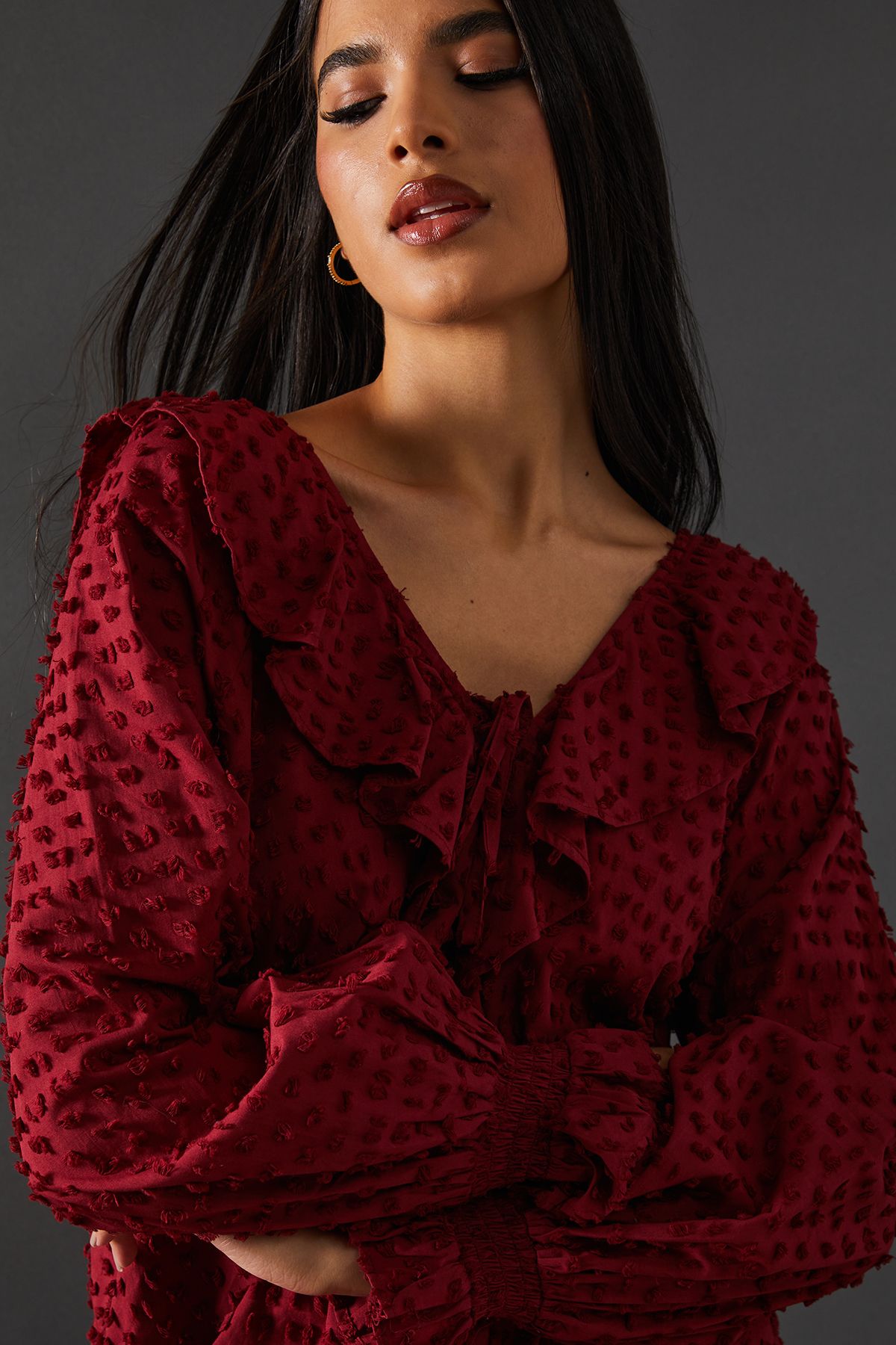 Warehouse Tufted Dobby Ruffle Neck Tie Front Blouse