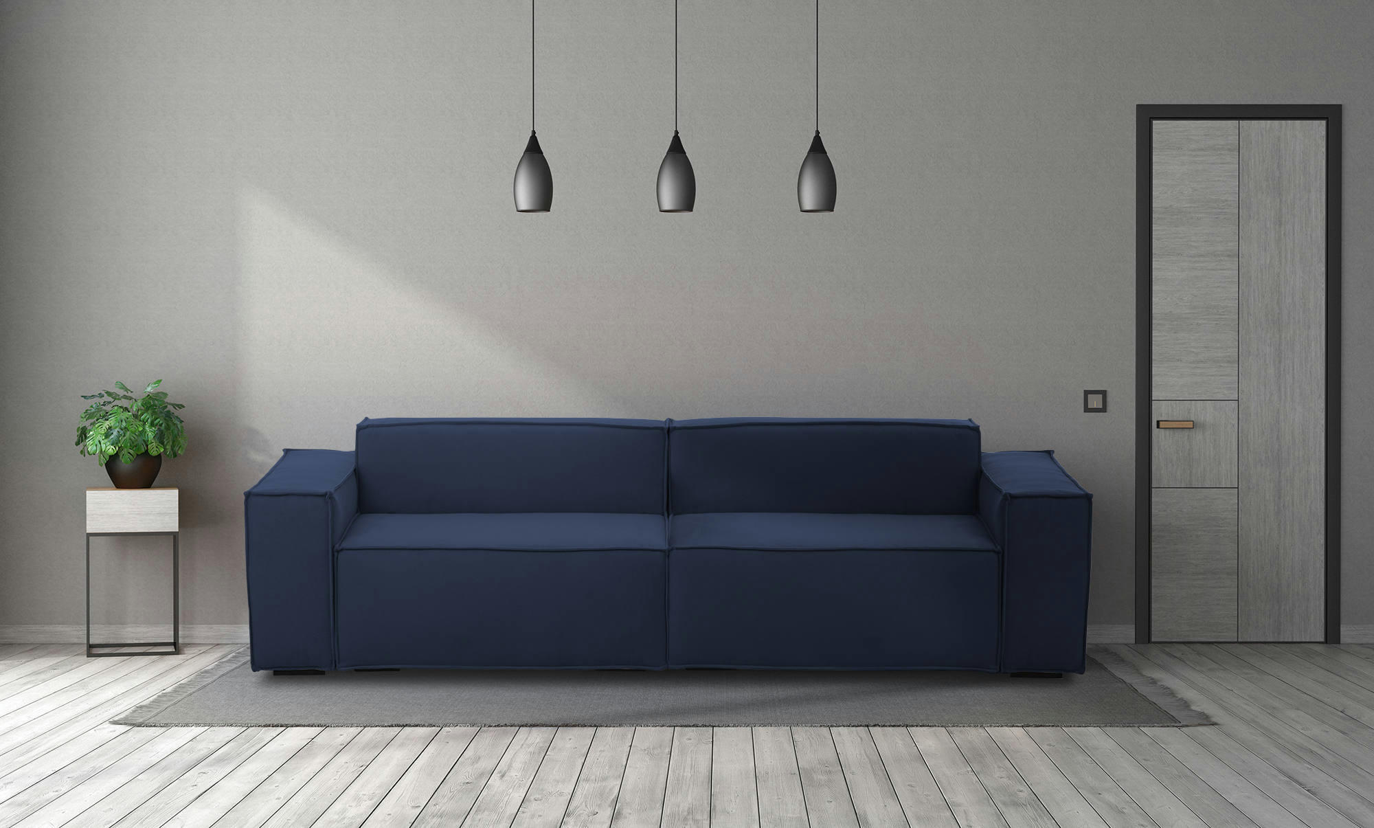 DMELUCC - Canapé fixe 3 places en tissu bleu