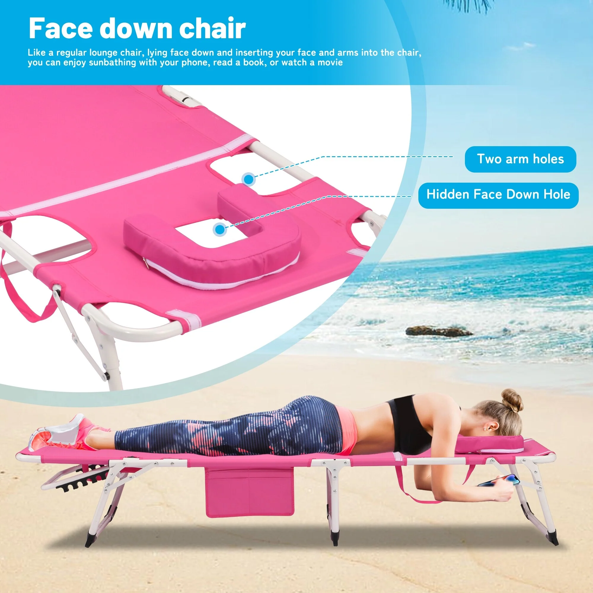 3-in-1 Heavy Duty Tanning Chair with Face Hole Adjustable 5-Position Folding Chaise Lounge Chairs