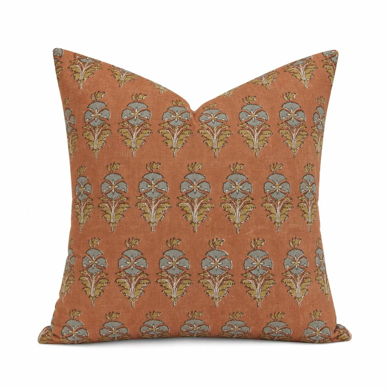 Hand Block Print Pillow Cover, Rust Floral Organic Cotton Cushion, Indian Decor Sofa Pillow