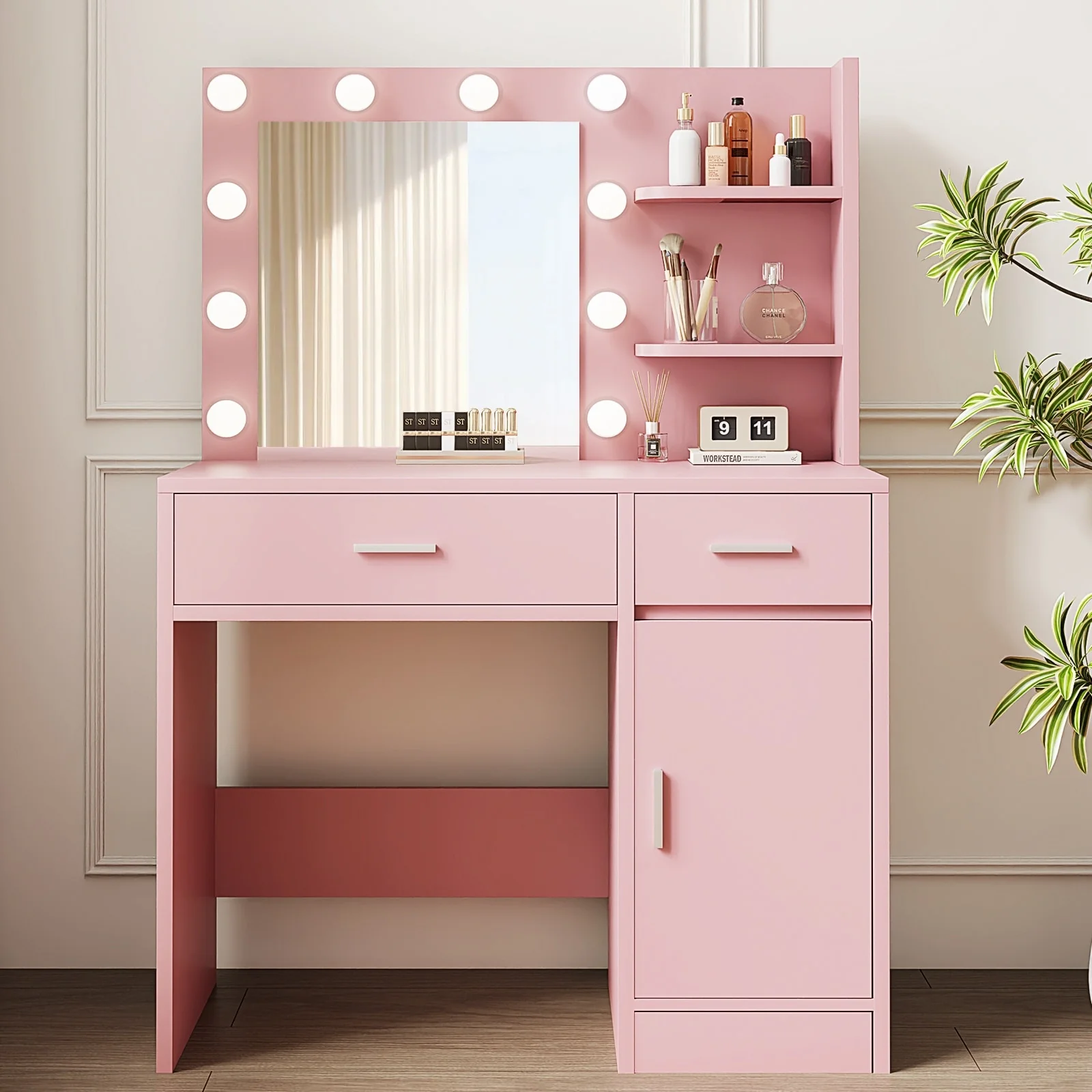 Compact Vanity Table with Lighted Rectangular Mirror, Two Drawers, and Cabinet, Includes Stool