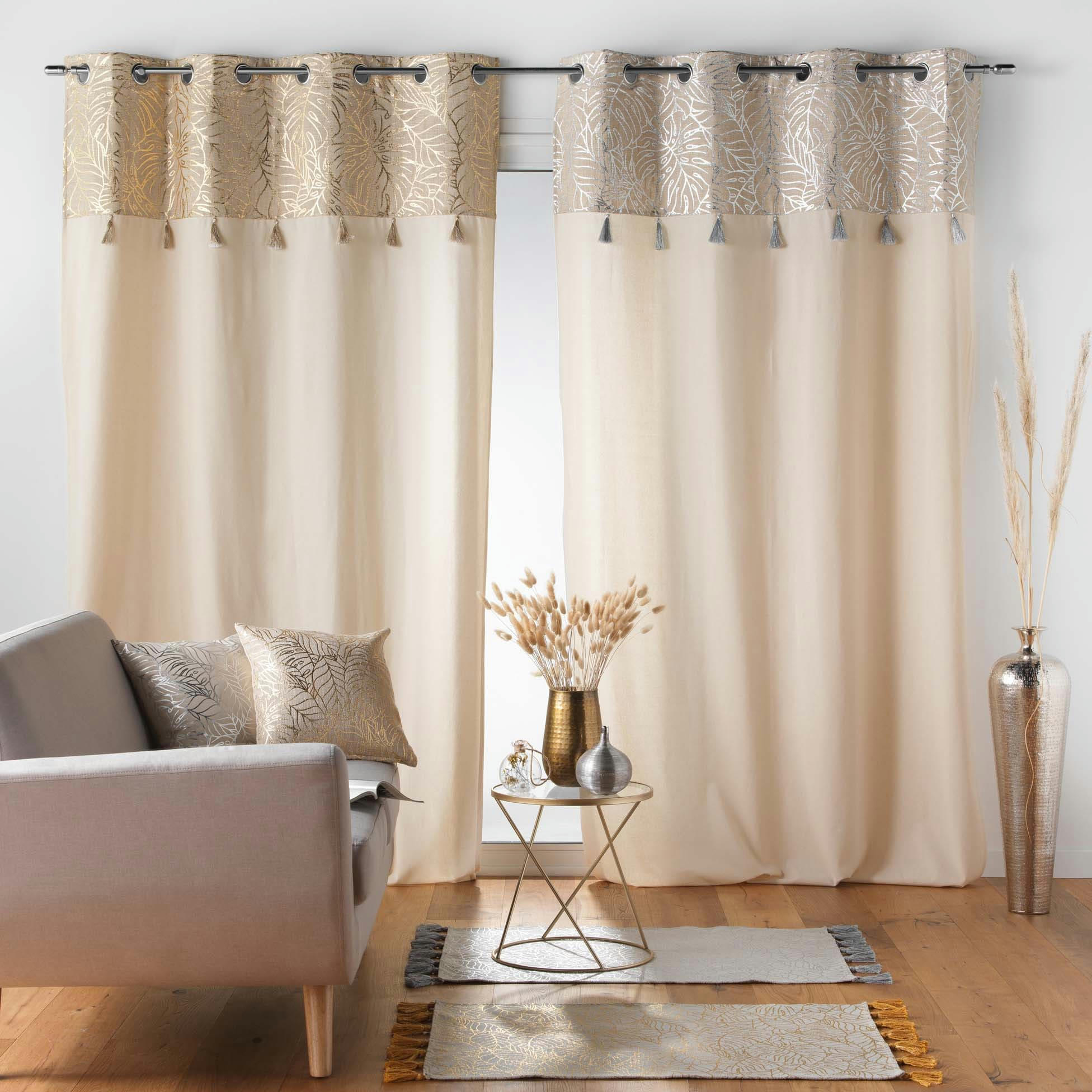 SOLEA - Rideau uni top métallisé pompon or 140x240cm