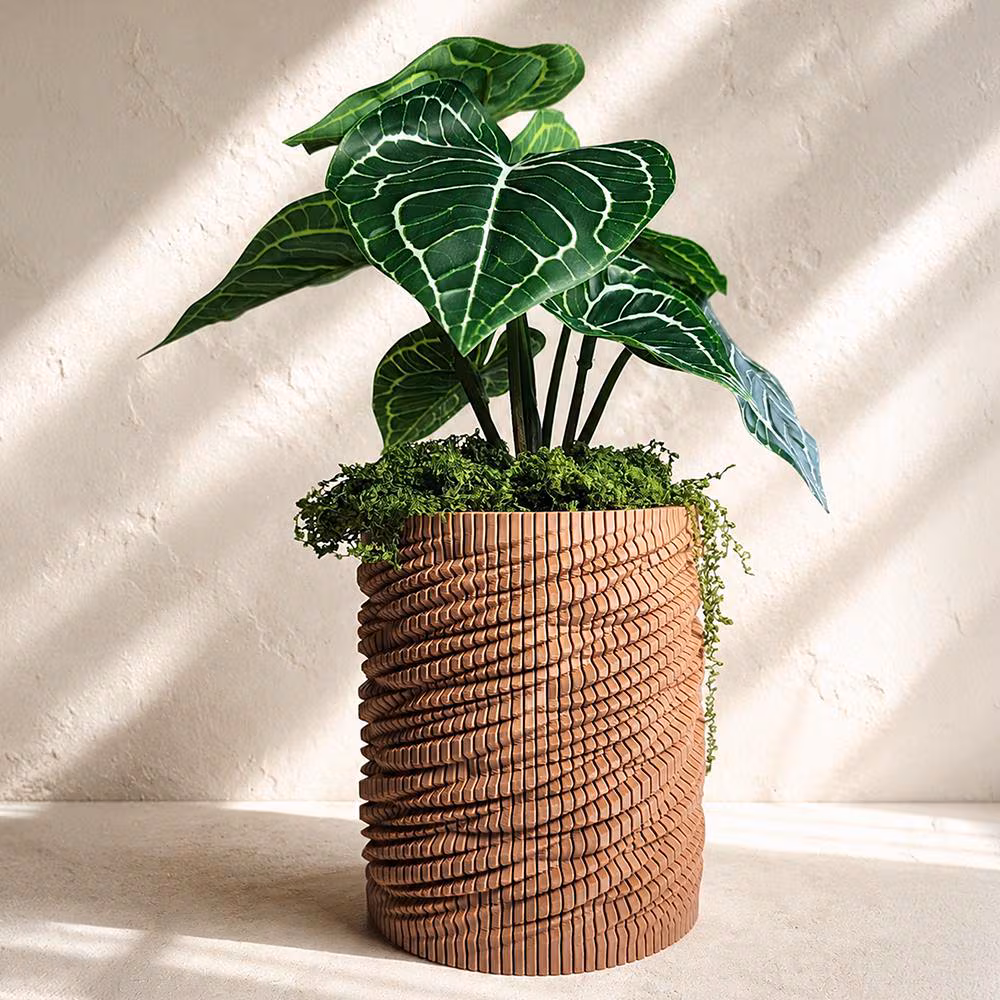 Wooden Waves Ribbed Planter with Water Tray, 5 Size Options, 34 Color Options
