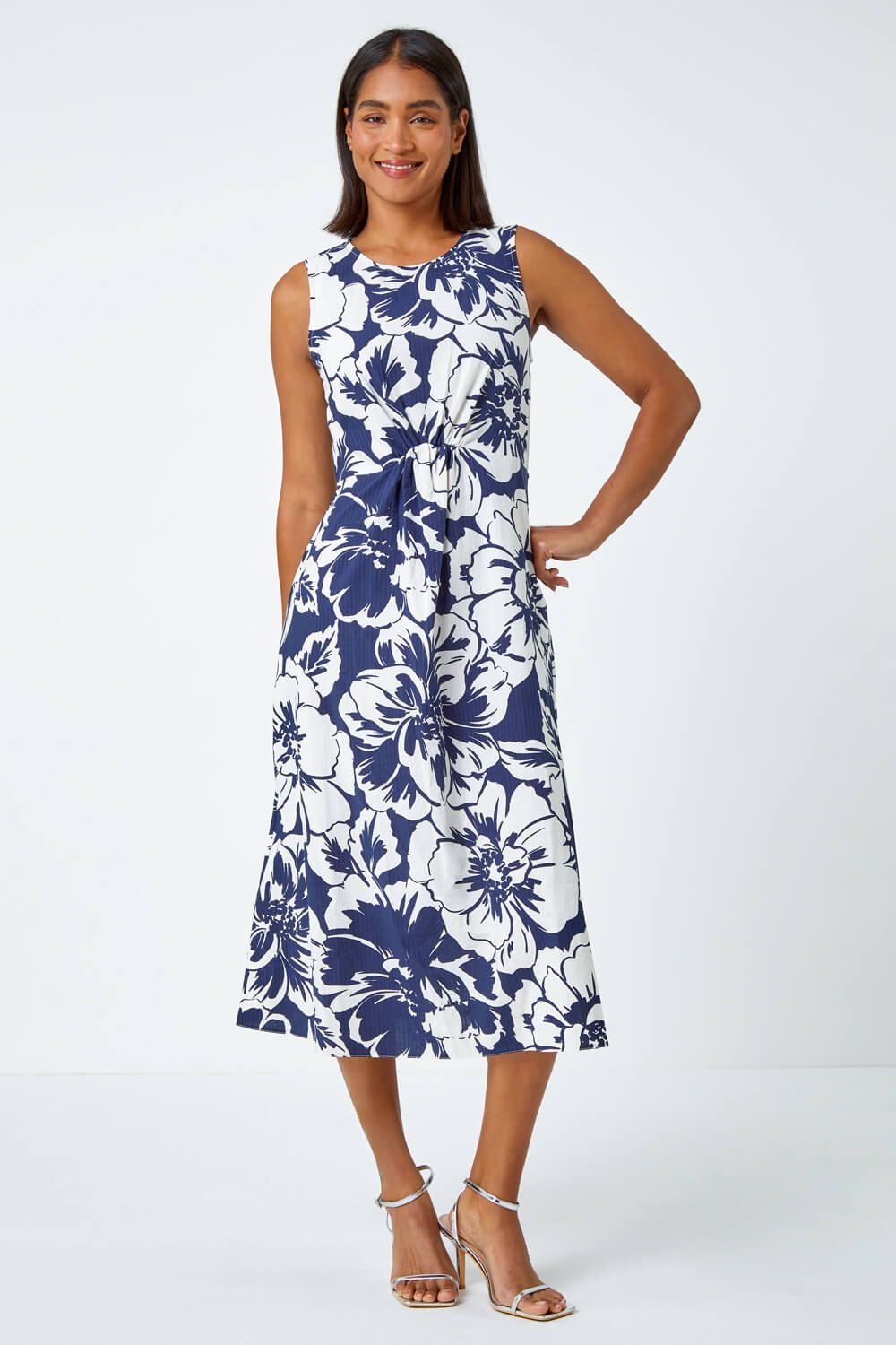 Roman Sleeveless Cotton Blend Floral Midi Dress