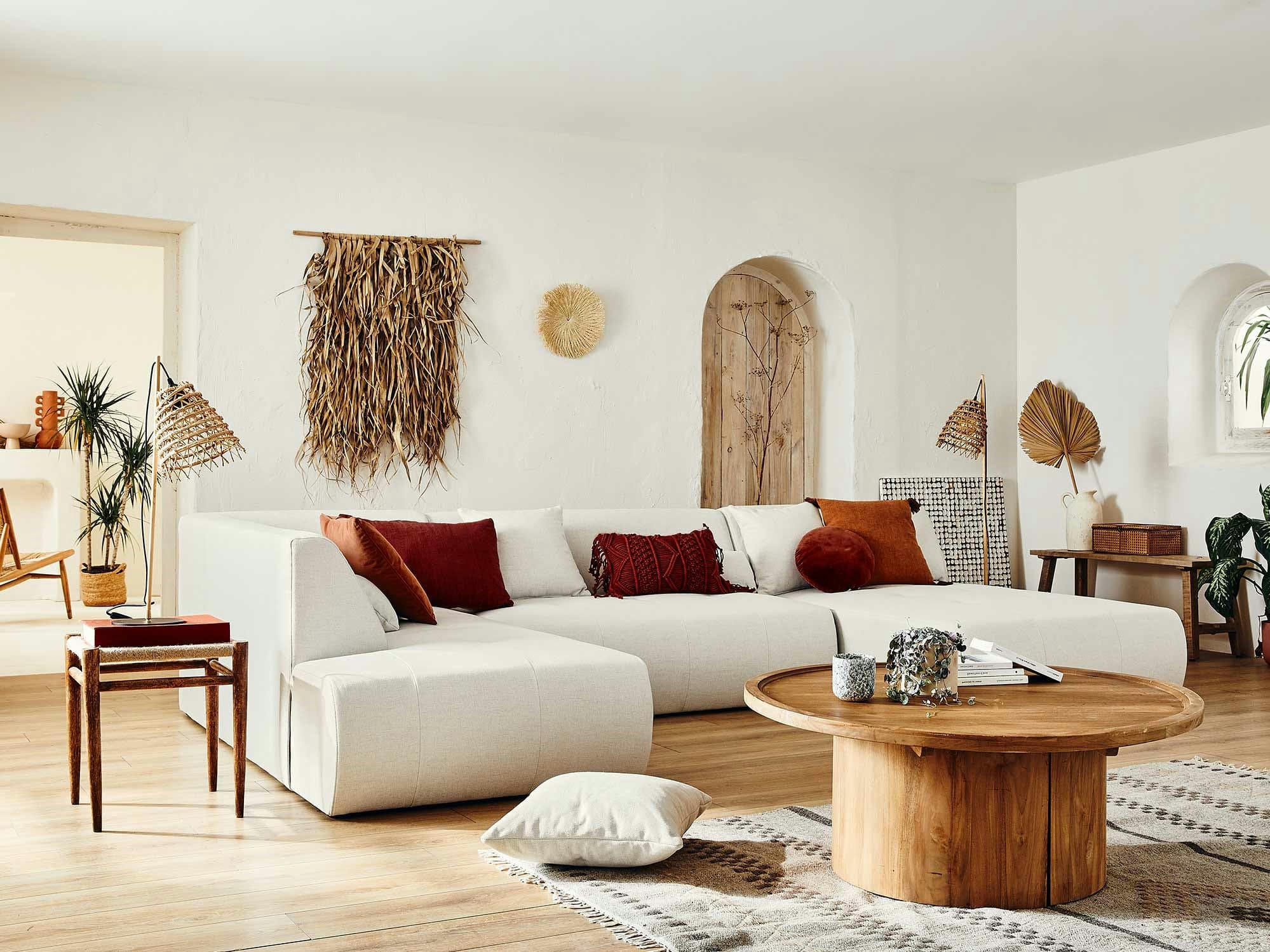 ONYX - Canapé modulable 7 places angle gauche en tissu beige