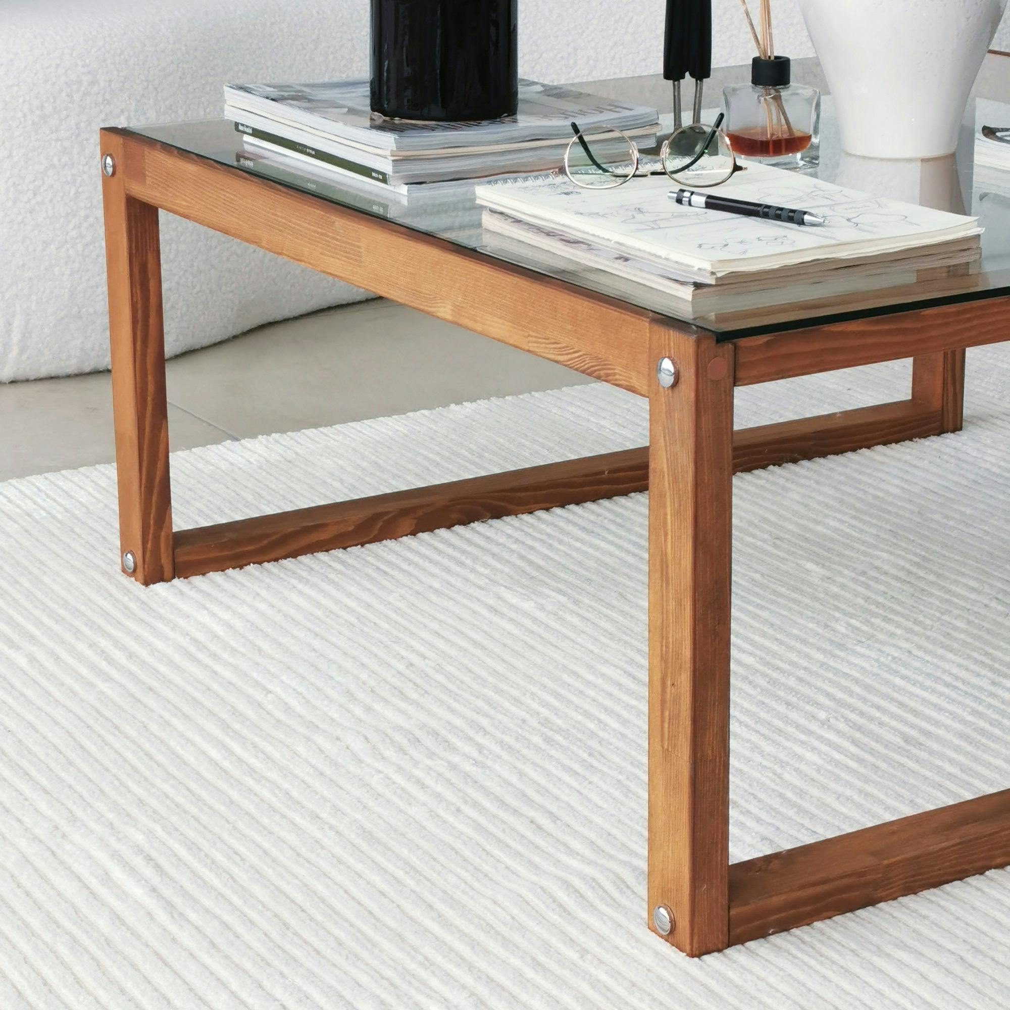 Table basse carrée en verre et bois brun LHASA