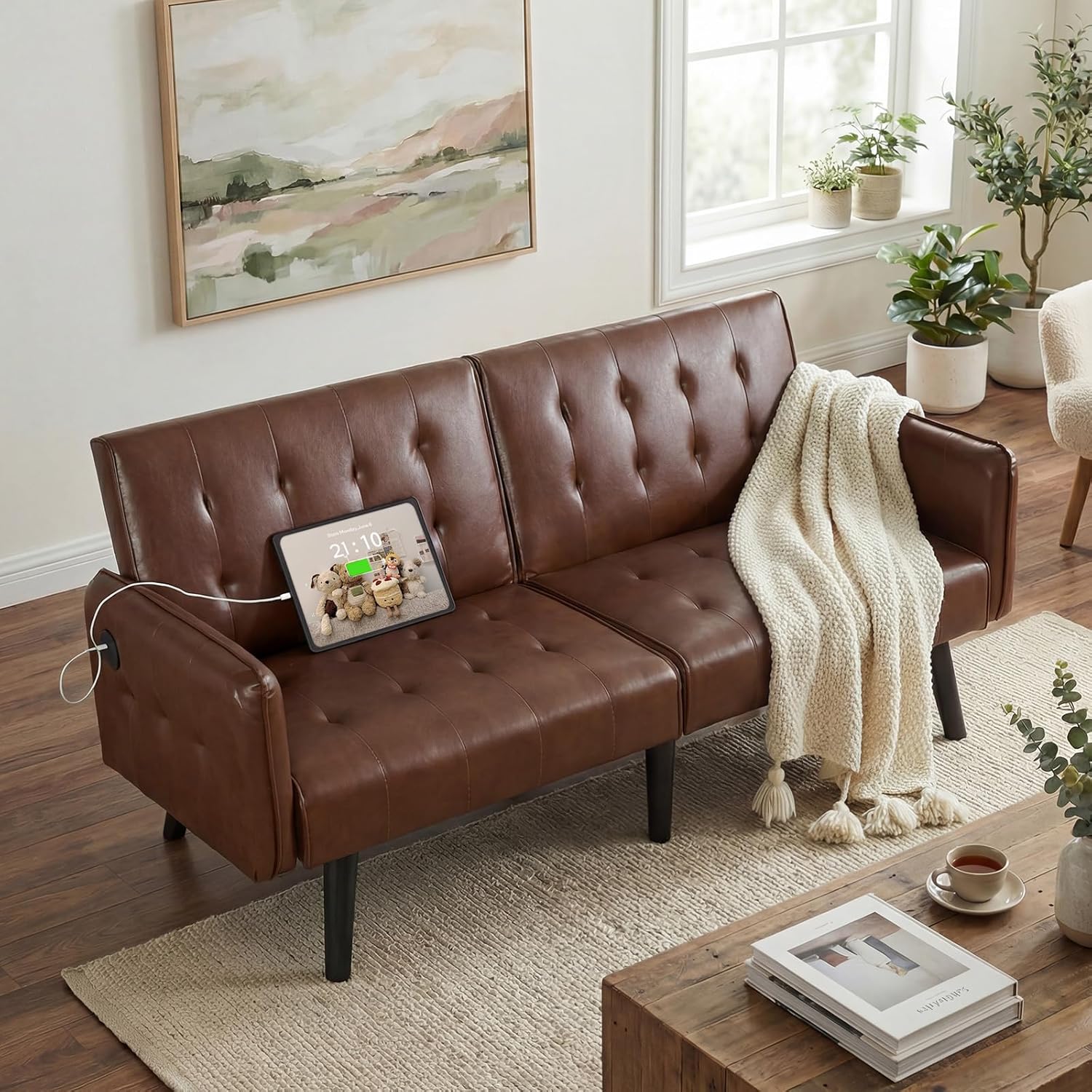TYBOATLE 65“ Convertible Futon Sofa Bed w/ 2 USB,Tufted Small Adjustable Folding Couch Loveseat, Modern Mid Century Faux Leather Sleeper Sofa for Living Room, Bedroom,Office, Brown