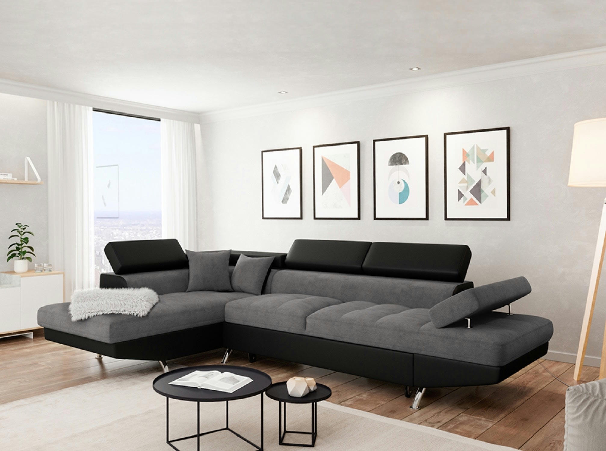 RIO - Canapé d'angle gauche convertible avec coffre bi-matière noir/gris
