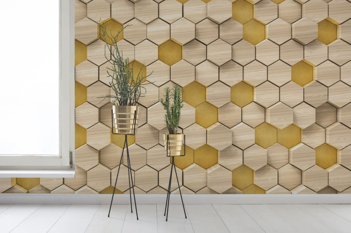 Sanders & Sanders fotobehang hexagon beige en geel - 400 x 250 cm - 611883