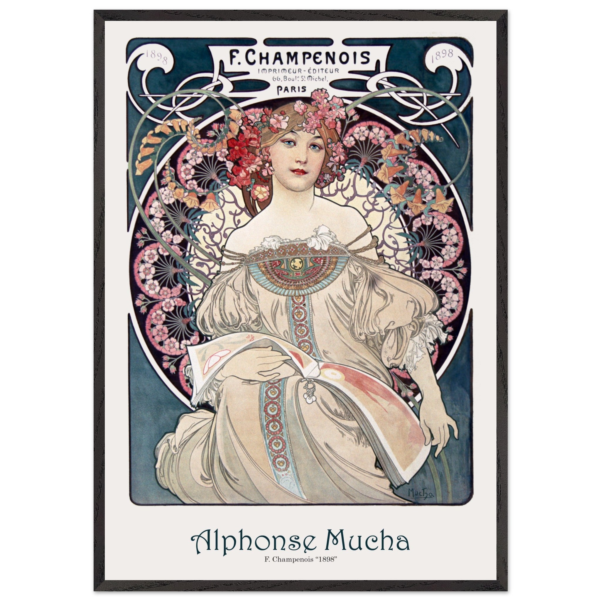 Artfulprints Poster met Lijst Alphonse Mucha - F. Champenois  - 70x100 cm - Blauw
