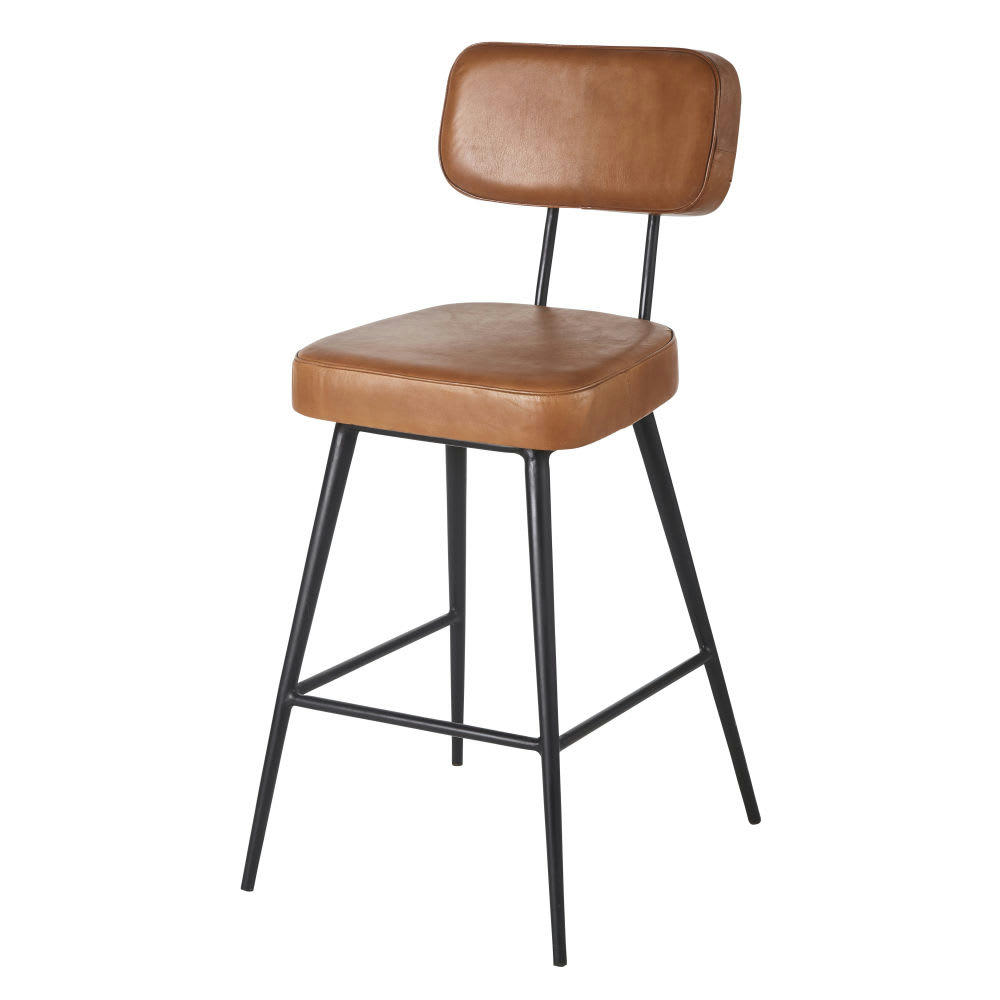 Clapper - Chaise pour îlot central en cuir de chèvre marron et métal noir H65