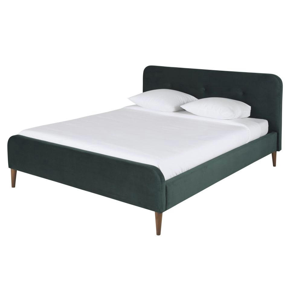 Adezz - Lit vintage 160x200 avec sommier à lattes en velours vert foncé, OEKO-TEX®
