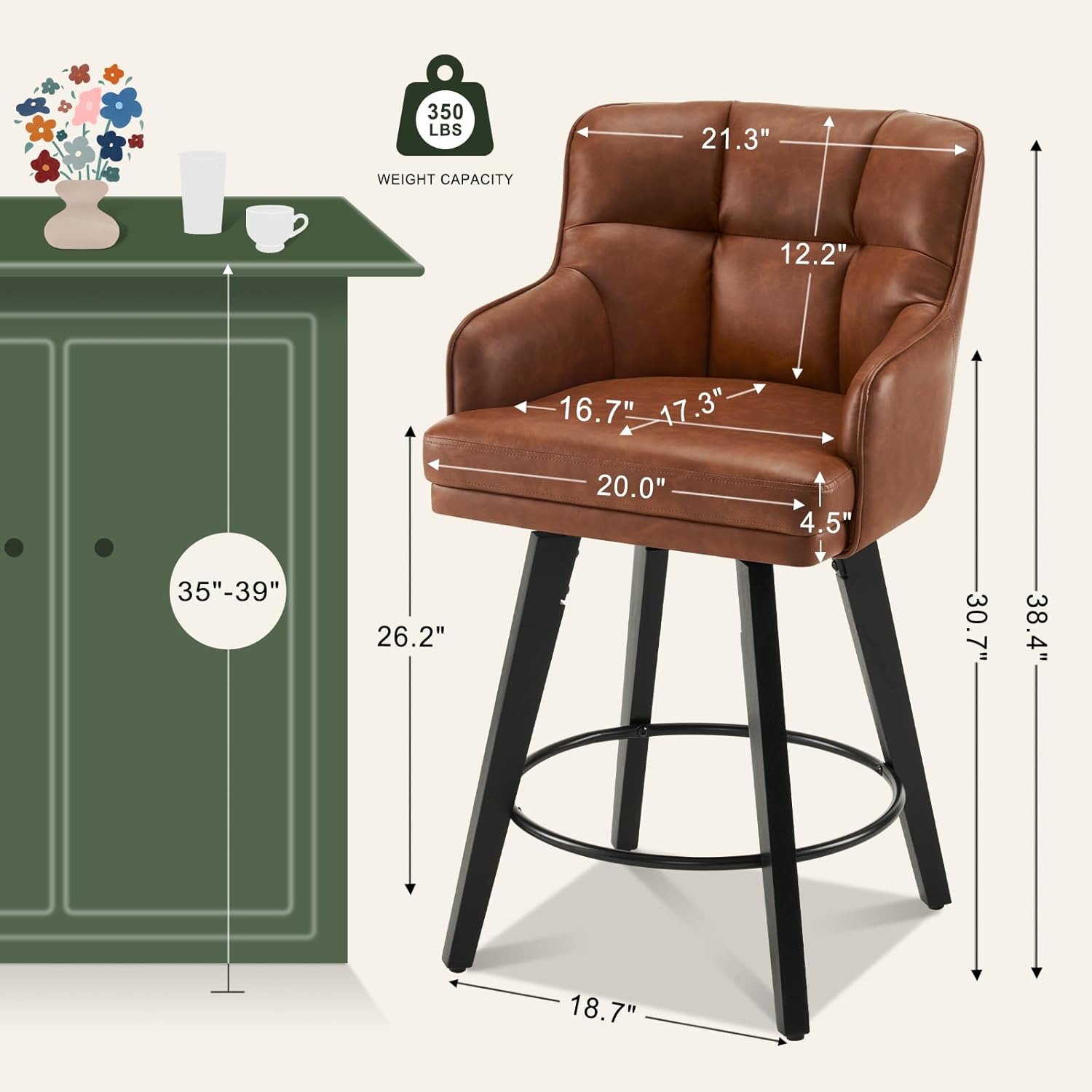 360°Swivel Counter Height Bar Stools with Back, 26 inch Solid Wood Legs, Bar Stool Modern Kitchen Island Chairs, Faux Leather (Brown- Faux Leather, 26 H- Set of 4)