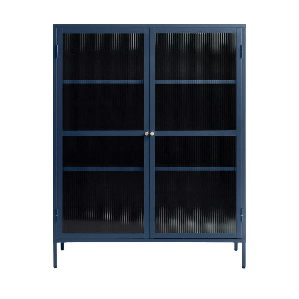 BJORN - Vaisselier 2 portes en verre strié et métal H140cm bleu