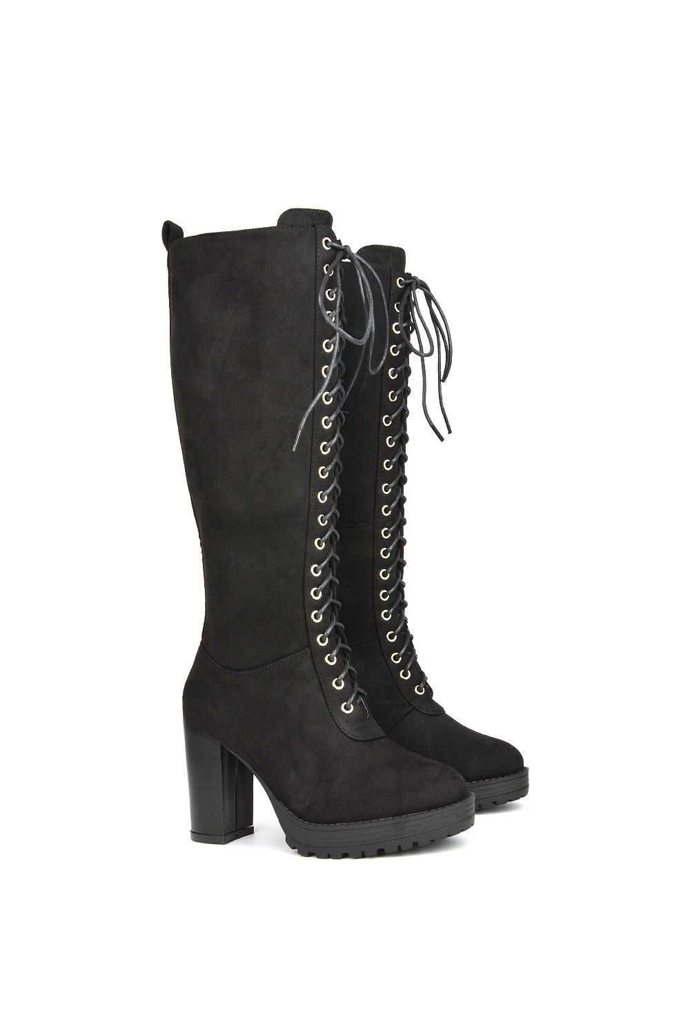 XY London Ruthie' Knee High Block Heel Lace Up Platform Boots