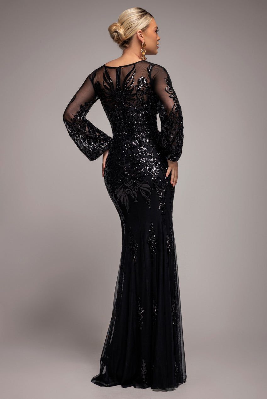 Goddiva Embellished Sequin Bishop Sleeve Maxi Dress