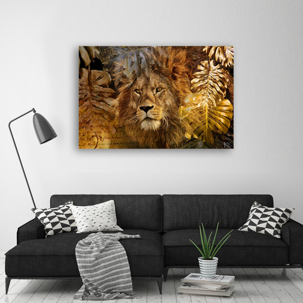 Feeby Obraz na płótnie, Lew i złote liście Monstera 60x40