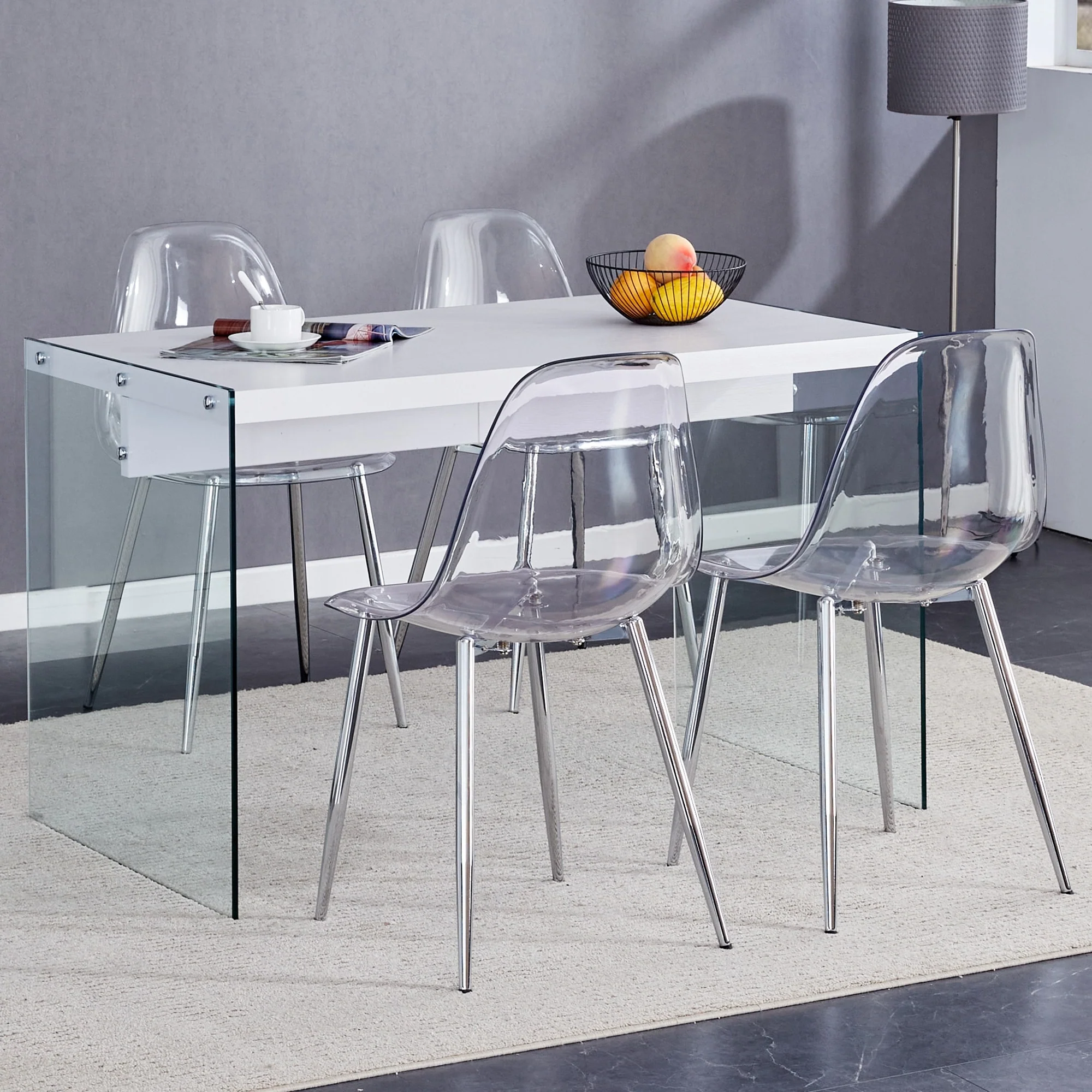 Modern Style 5-Piece Dining Rectangular Table Set with Tempered Glass Legs and 4 Transparent Plastic Dining Chairs