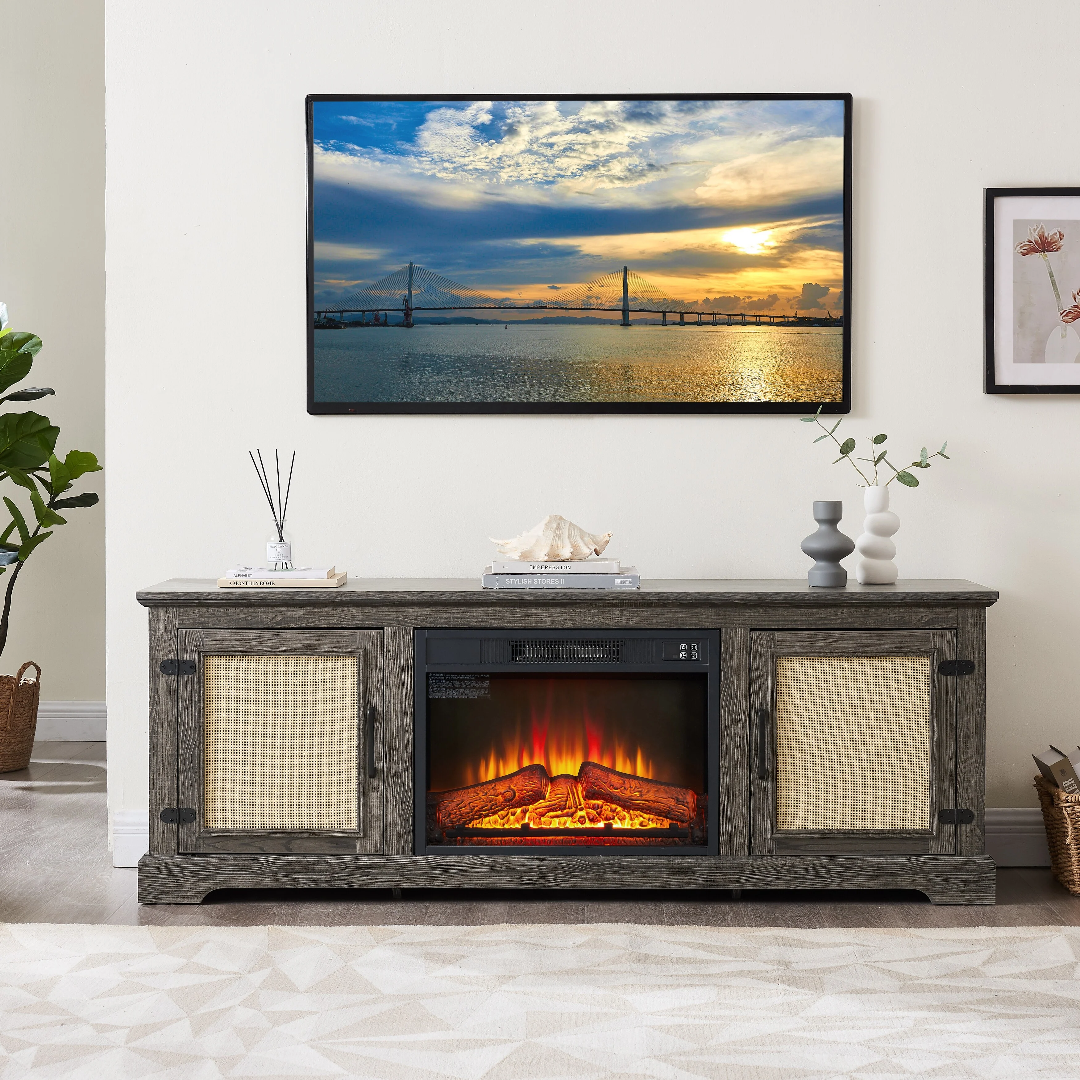 Grey 65 Fireplace TV Stand with Adjustable Shelf & Rattan Door for TVs Up to 70