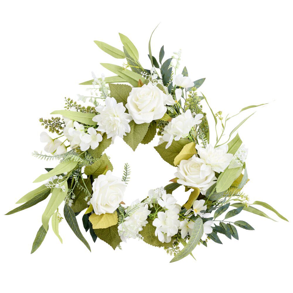 Couronne artificielle roses et marguerites blanches Ø27xH5,5cm