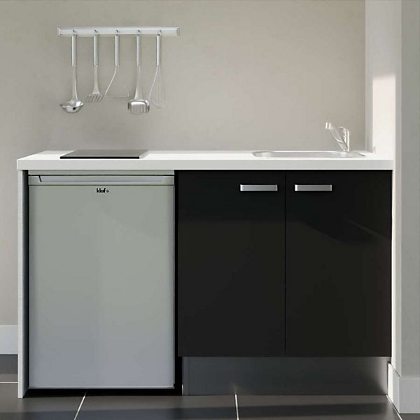 Kitchenette K17 façades Noir - Plan de travail Blanc - Crédences : Non - Evier inox - Electroménager Inox inclus