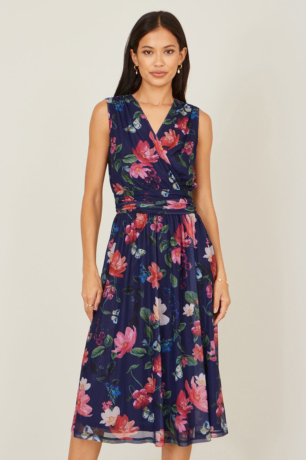 Yumi Blurred Floral Print Mesh Stretch Midi Dress With Pockets
