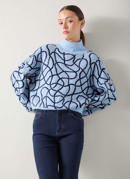 Willa Blue Rope Print Wool Fluffy Sweater
