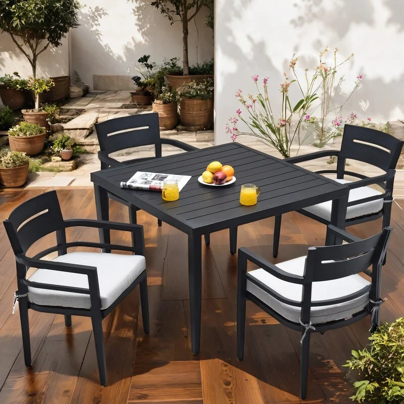 40 x 40 Outdoor Patio Aluminum Square Dining Table with Tapered Feet and Umbrella Hole – Ember Black‌