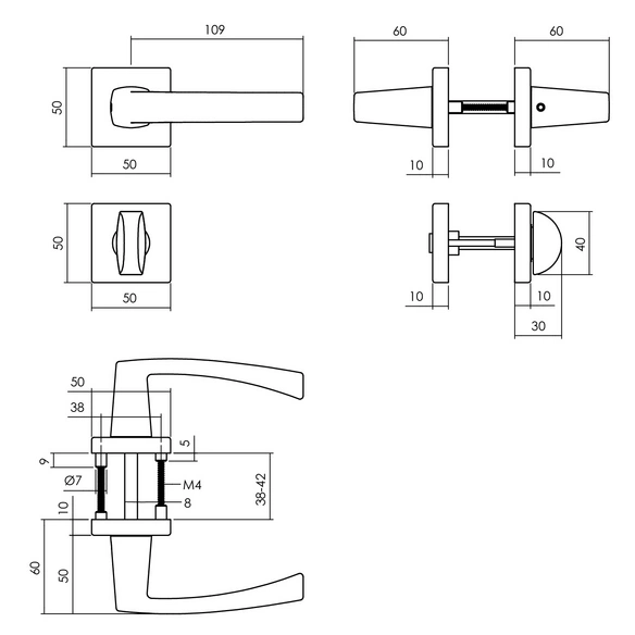 Türdrücker »Moora«, 55x55x10 mm WC 8 mm stift