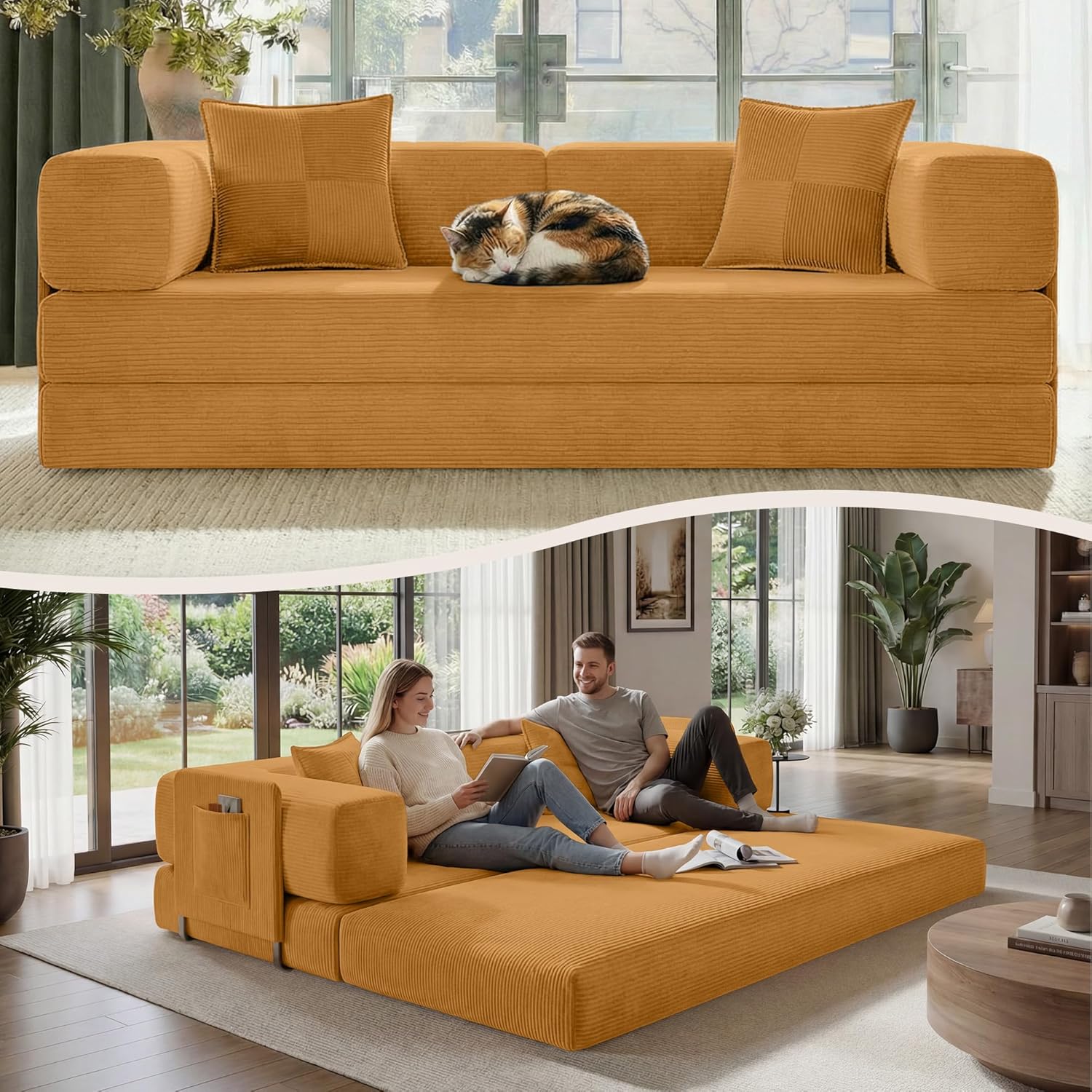 Belhome 78.8 Convertible Sofa Bed, Futon Sofa Bed with Side Pocket, Corduroy Pull Out Futon Sofa, Boneless Couch for Living Rooms,No Assembly Required, Yellow