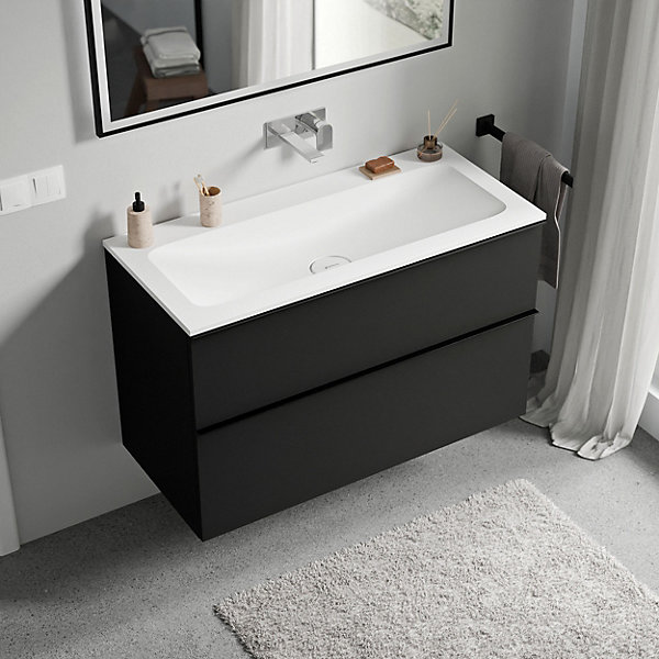 Meuble vasque suspendu MDF Noir mat, lavabo fonte Blanc mat sans trou robinet, poignée Chrome - 100x46x62cm - LAVOA