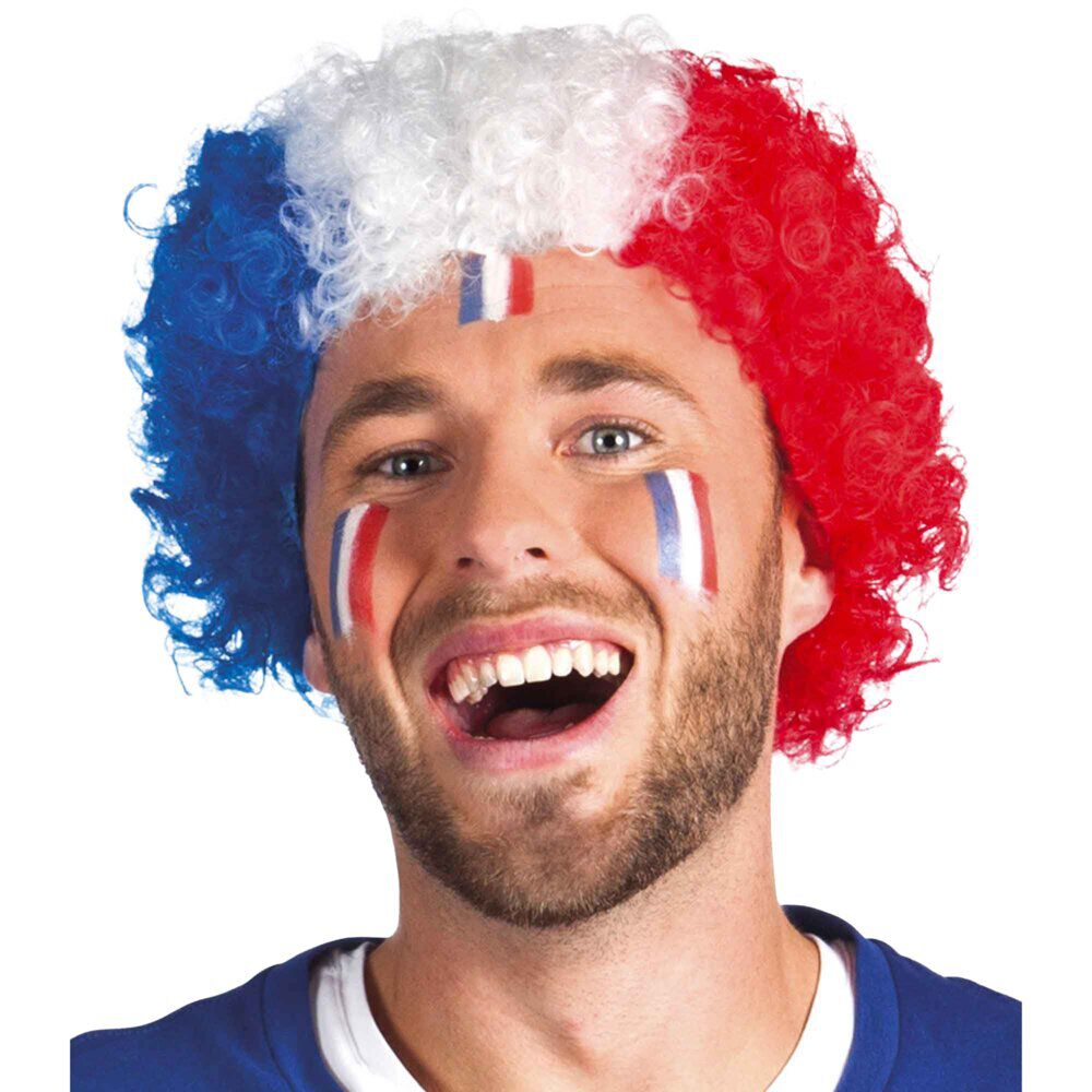 Perruque adulte Cocorico bleu blanc rouge bouclée