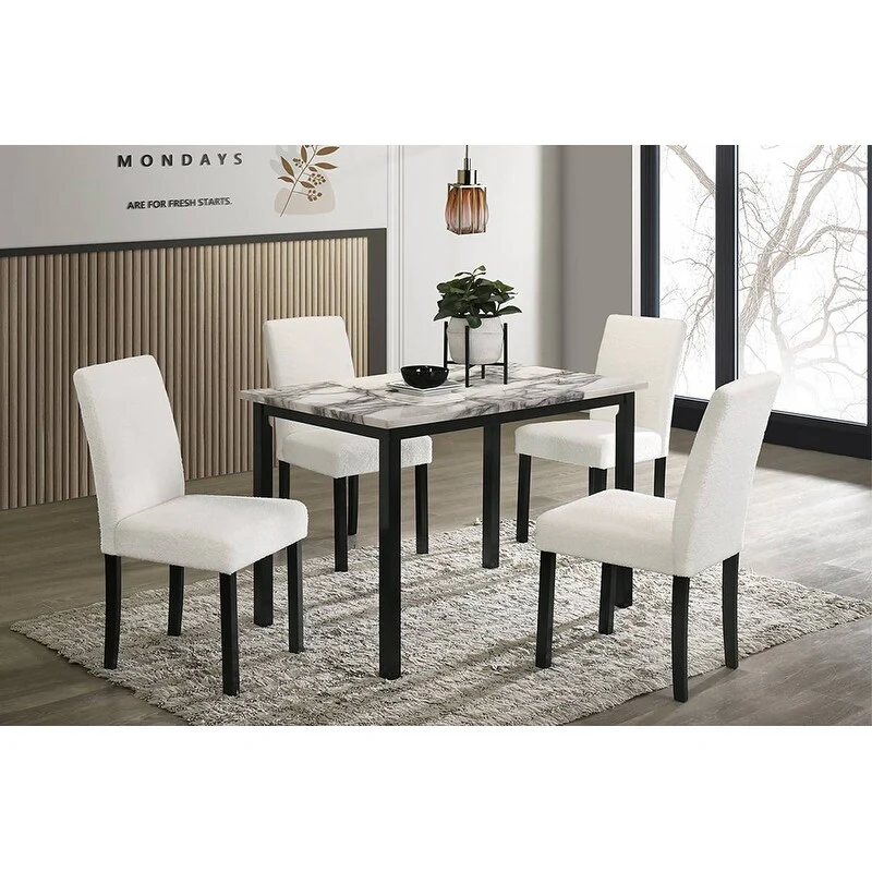Wool Fabric Chairs Faux Marble Top Table 5pc Dining Set Kitchen Dinette Cushions Upholstered 4x Chairs Dining Room