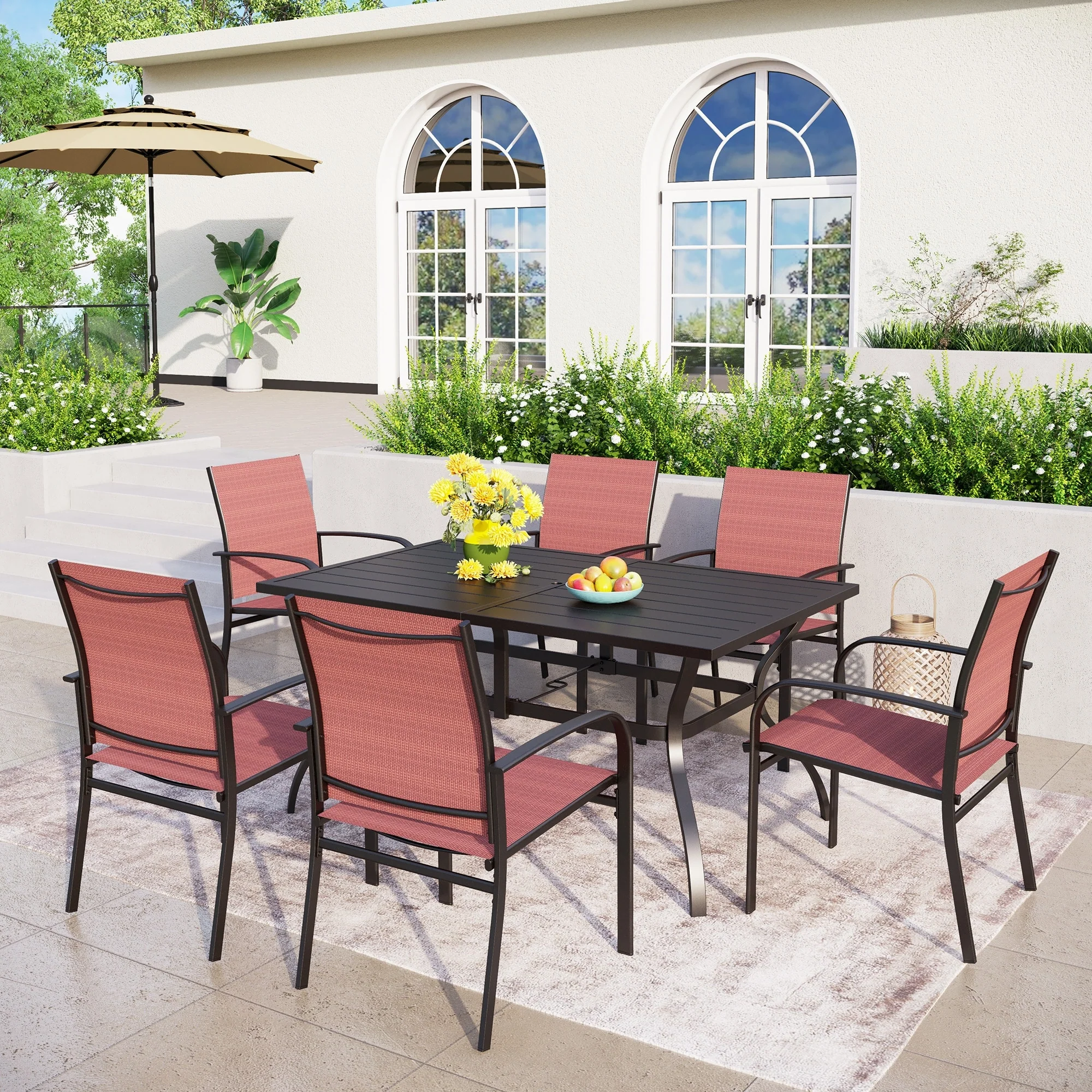 MAISON ARTS 7-Piece Patio Dining Set Metal Rectangle Table and 6 Textilene Dining Chairs