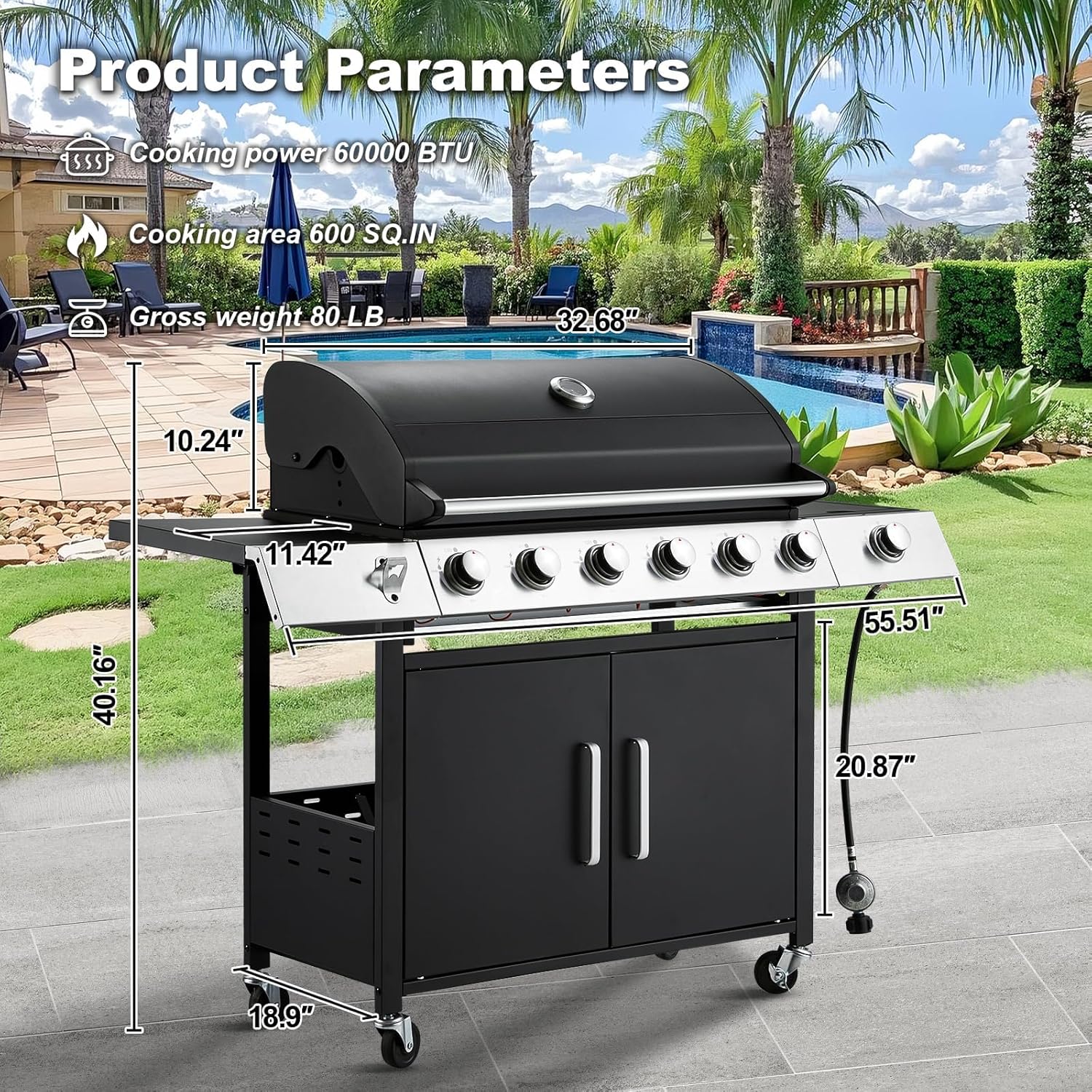 MELLCOM Upgraded 60 000 BTU Stainless Steel Burner Barbecue Grill  6 Burner BBQ Propane Gas Grill with Side Stove & Cast Iron Grates for Patio  Camping  Outdoor Cooking