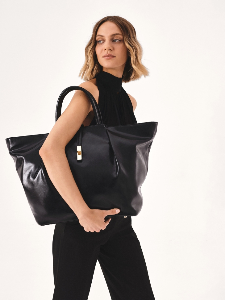 Large natural leather handbag with glossy finish