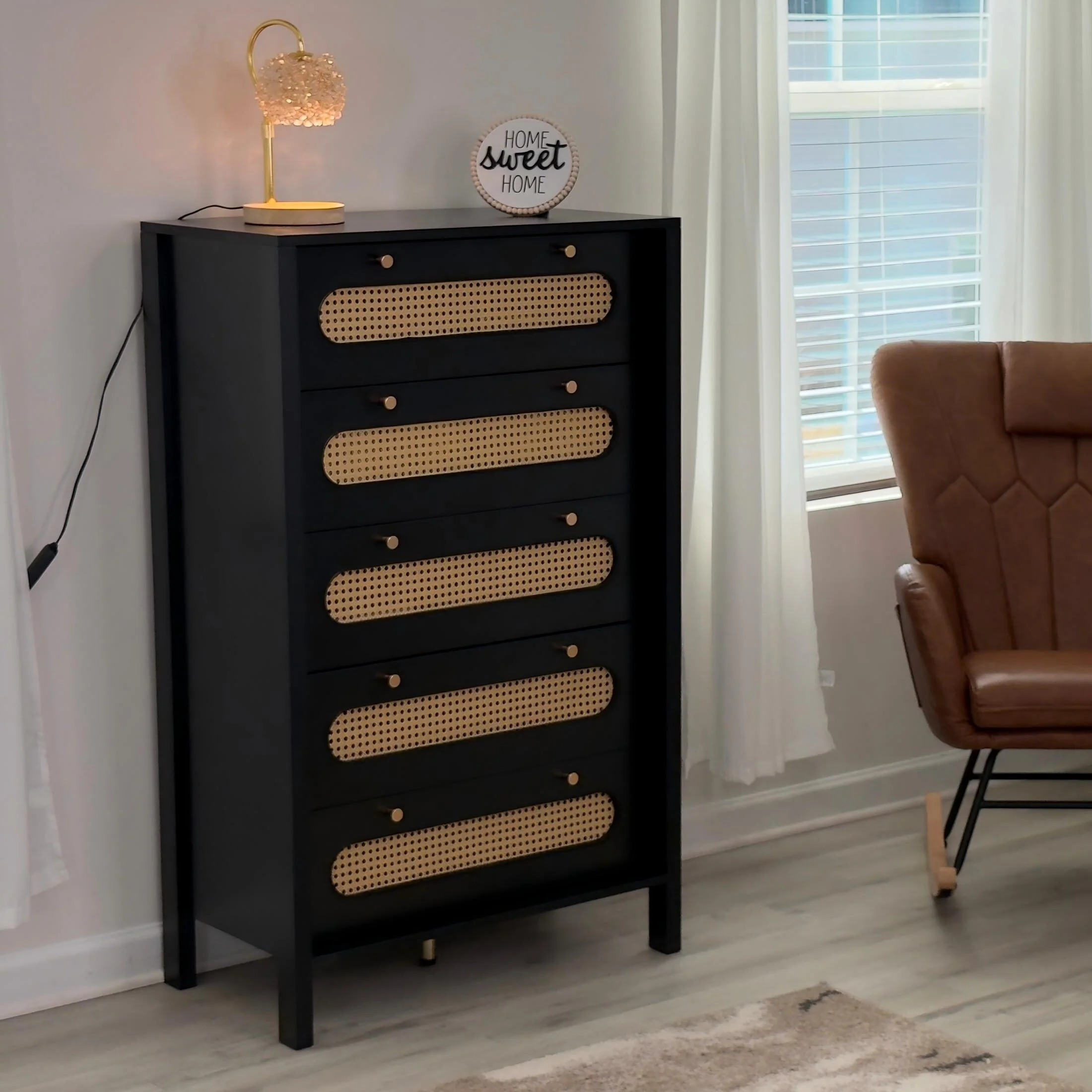 Moasis 5 Drawer Dresser,Chest of Drawers with Rattan Finish and Golden Handles