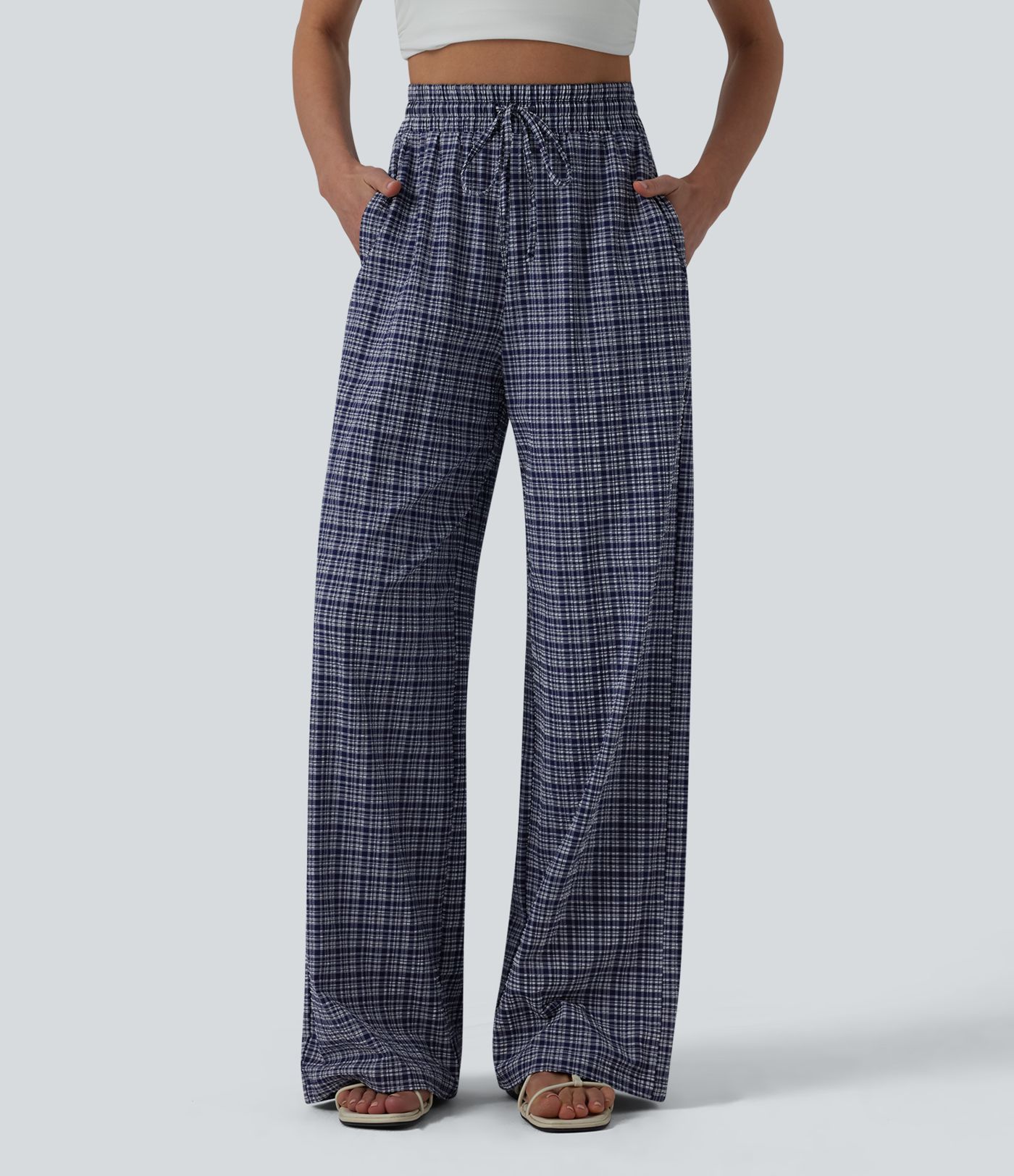Pantalon large casual taille haute carreaux froissés à séchage rapide avec cordon de serrage et poches zippées