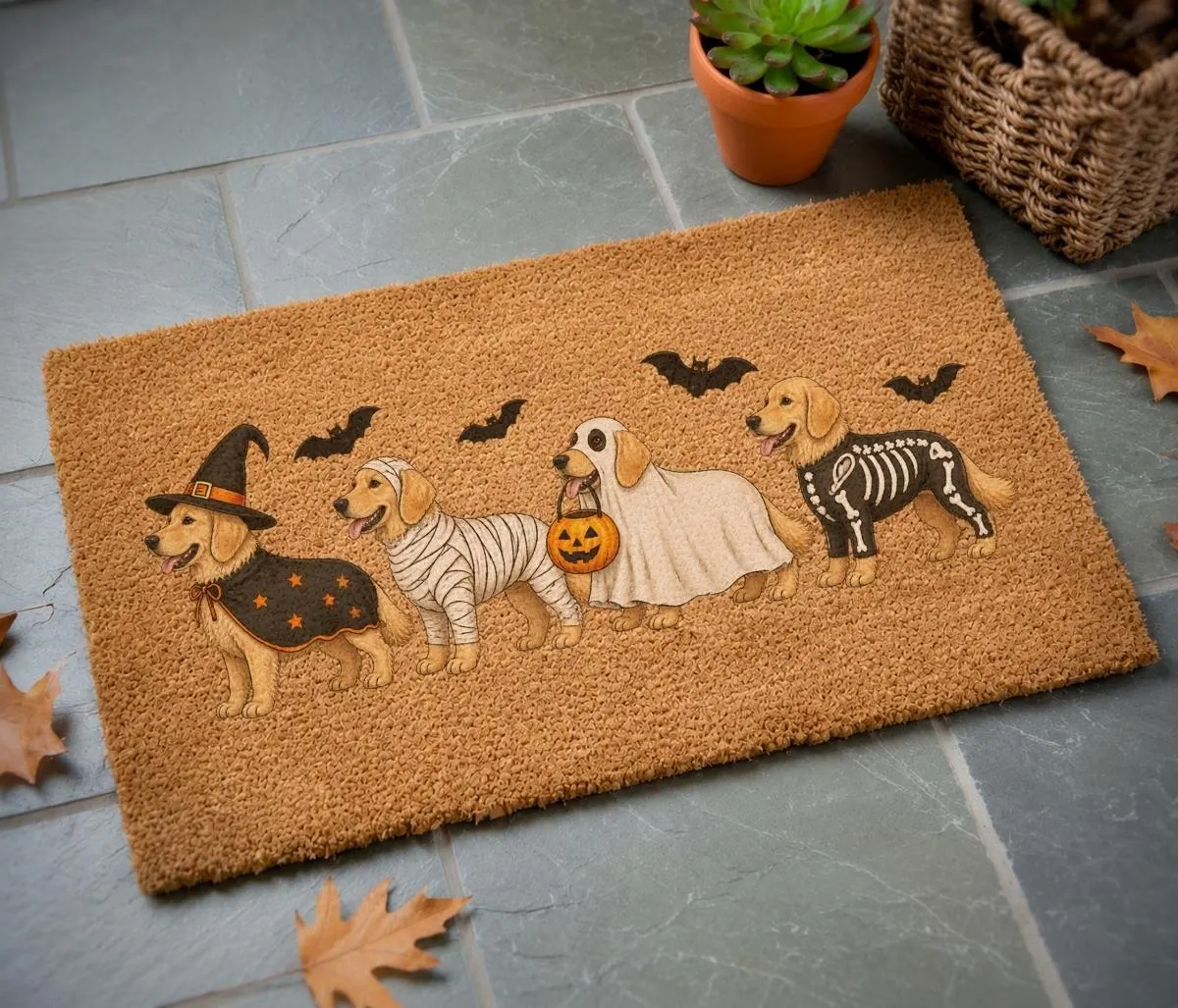 Halloween Golden Dog Doormat, Golden Dog Coir Welcome Mat, Fall Front Porch Decor, Funny Fall Porch Decor, Dog Lover Gift