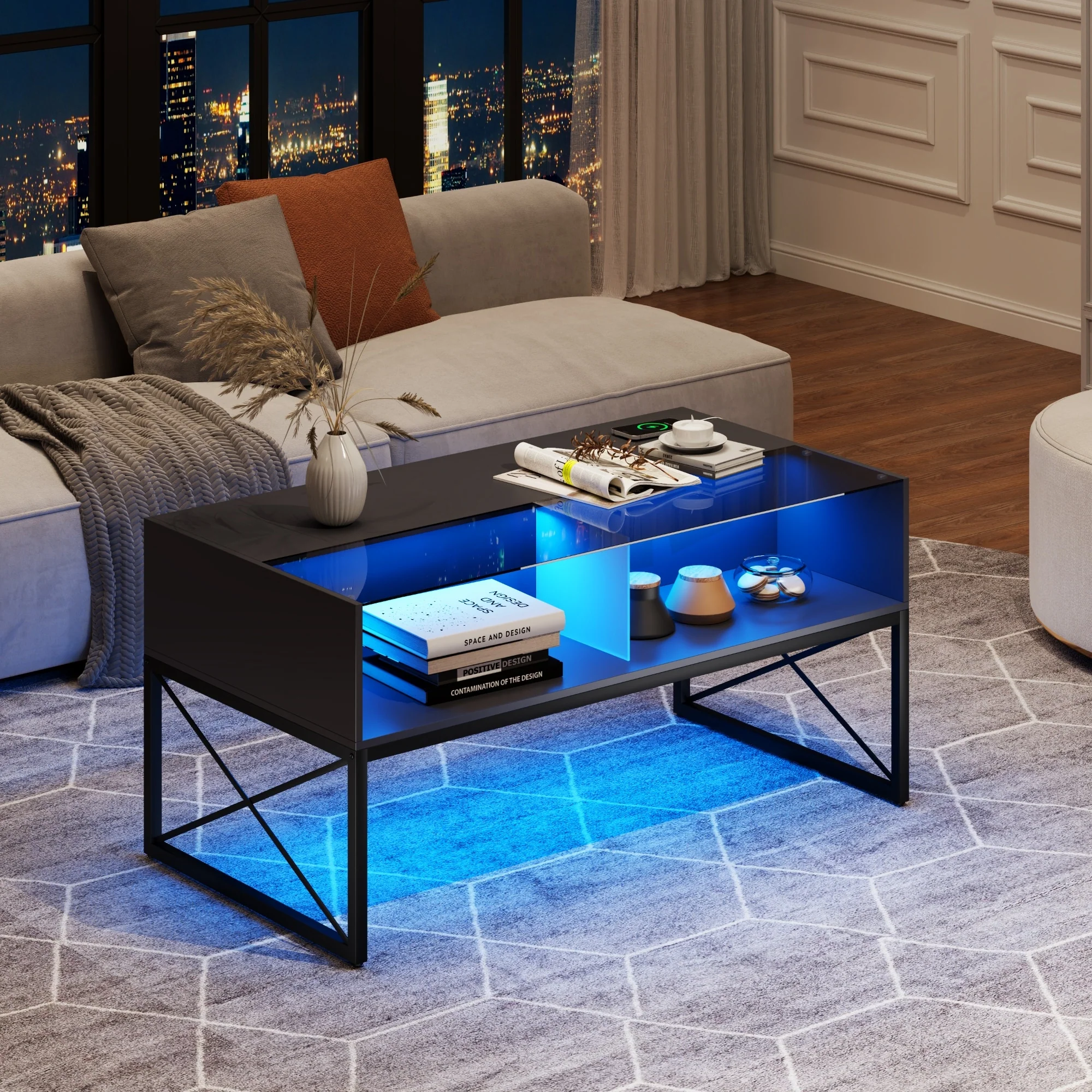 41 Wide Coffee Table With Led Light And Outlet