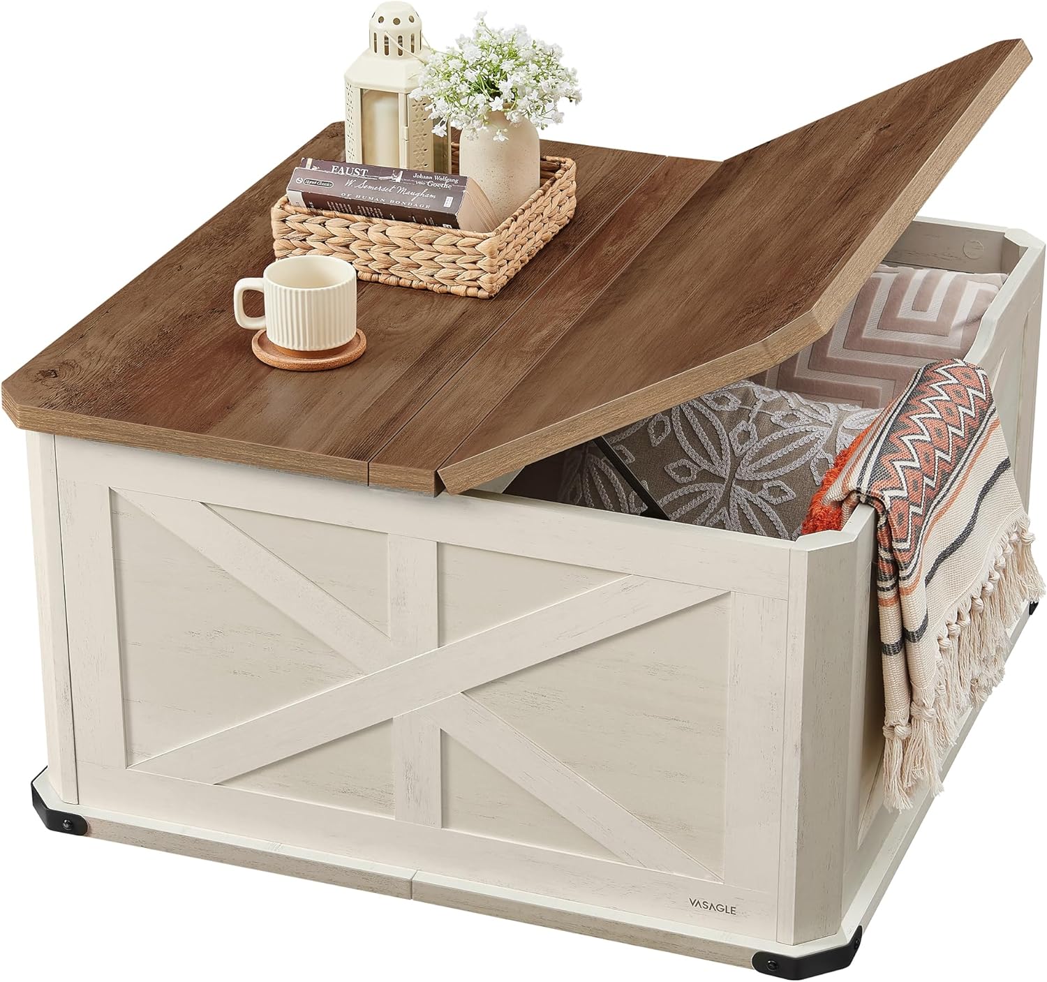 VASAGLE LIRY Collection - Farmhouse Coffee Table with Storage, Square Center Coffee Table for Living Room, with Hidden Compartment, Flip-Top Lids, Honey Brown and Rustic White ULCT232W73