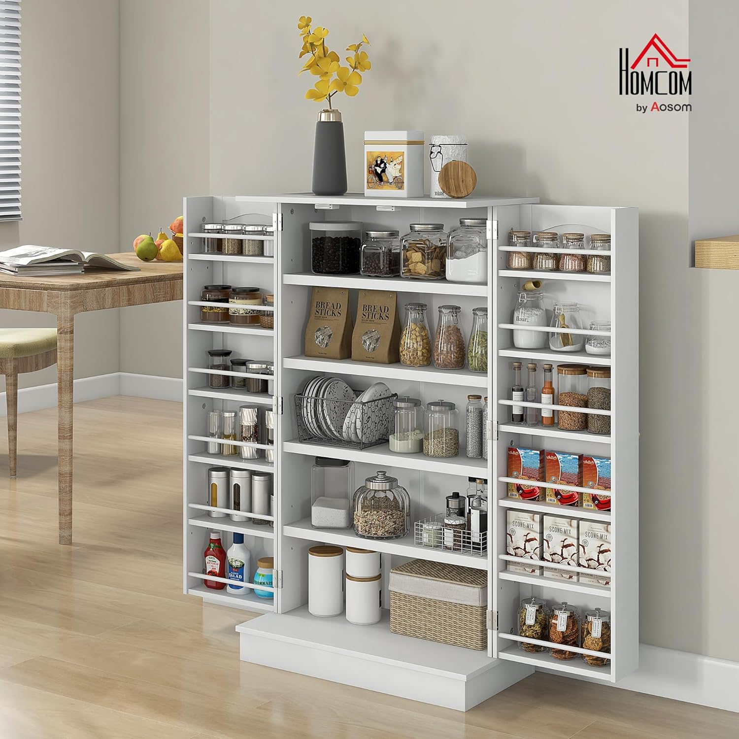 HOMCOM 41 Kitchen Pantry Storage Cabinet, Freestanding Kitchen Cabinet with 12 Door Shelves, Double Doors, 5-Tier Shelving and Adjustable Shelves, White