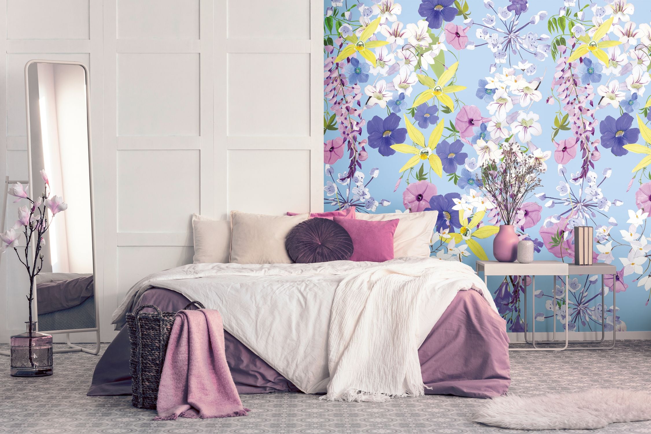 Livingwalls behang bloemen meerkleurig, lila paars, geel, blauw en roze - 159 x 280 cm - AS-391961