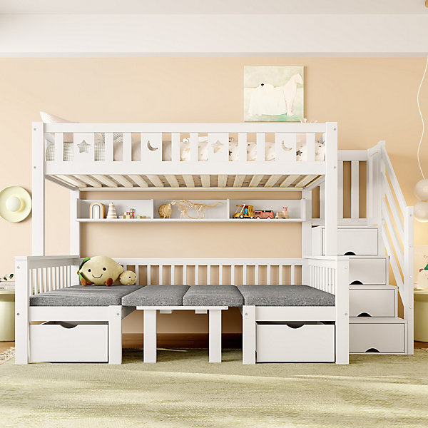 Lit Mezzanine 90 x 200 cm - avec Bureau et Lit Supplémentaire 2-en-1, échelle de Rangement - Pin et MDF - Sans Matelas - Blanc