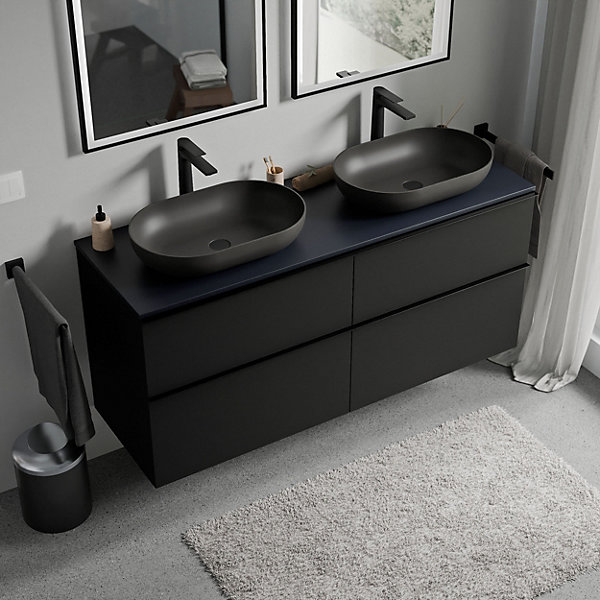 Meuble sous vasque suspendu MDF Noir mat, plan vasque Bleu nuit mat, poignée Chrome - 140x46x62cm - LAVOA