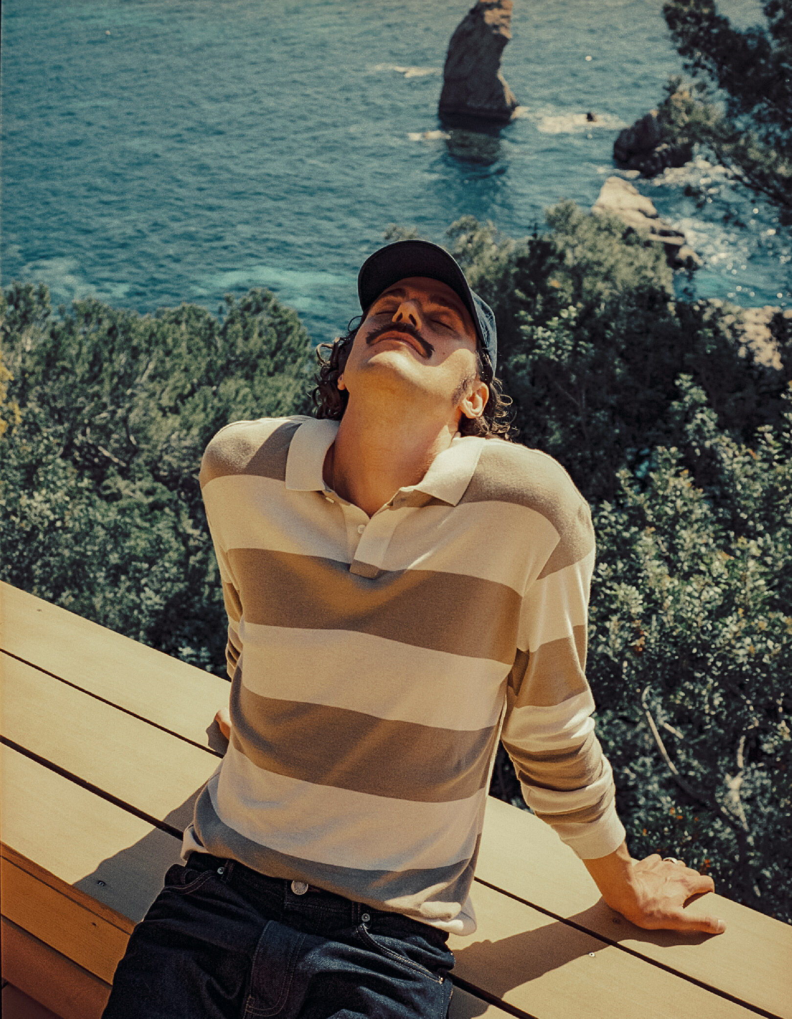 Polo manches longues beige larges rayures Homme